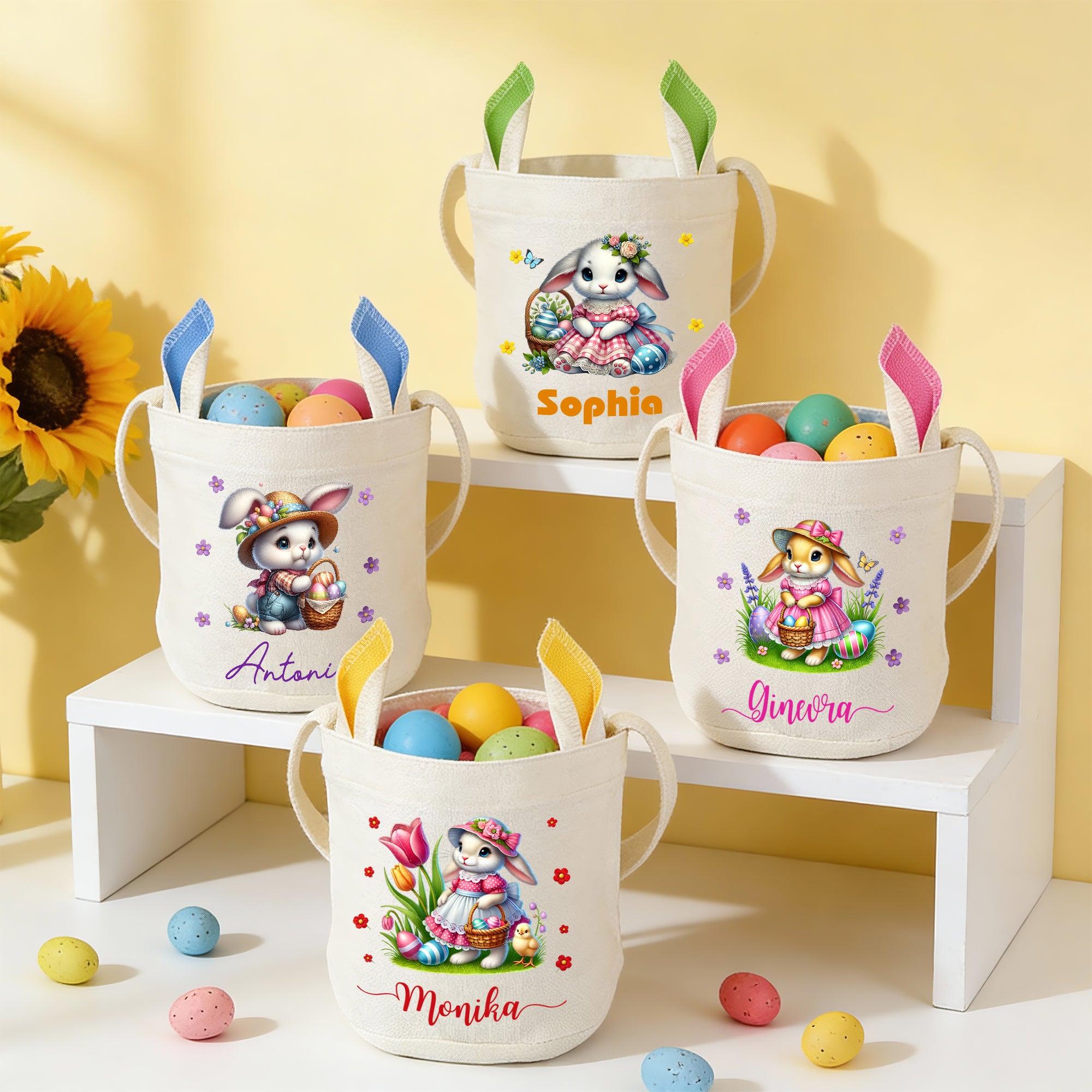 Cesta de Pascua personalizada con conejito de flores con nombre y orejas de conejo Accesorio para cazar huevos Regalo de Pascua para niños