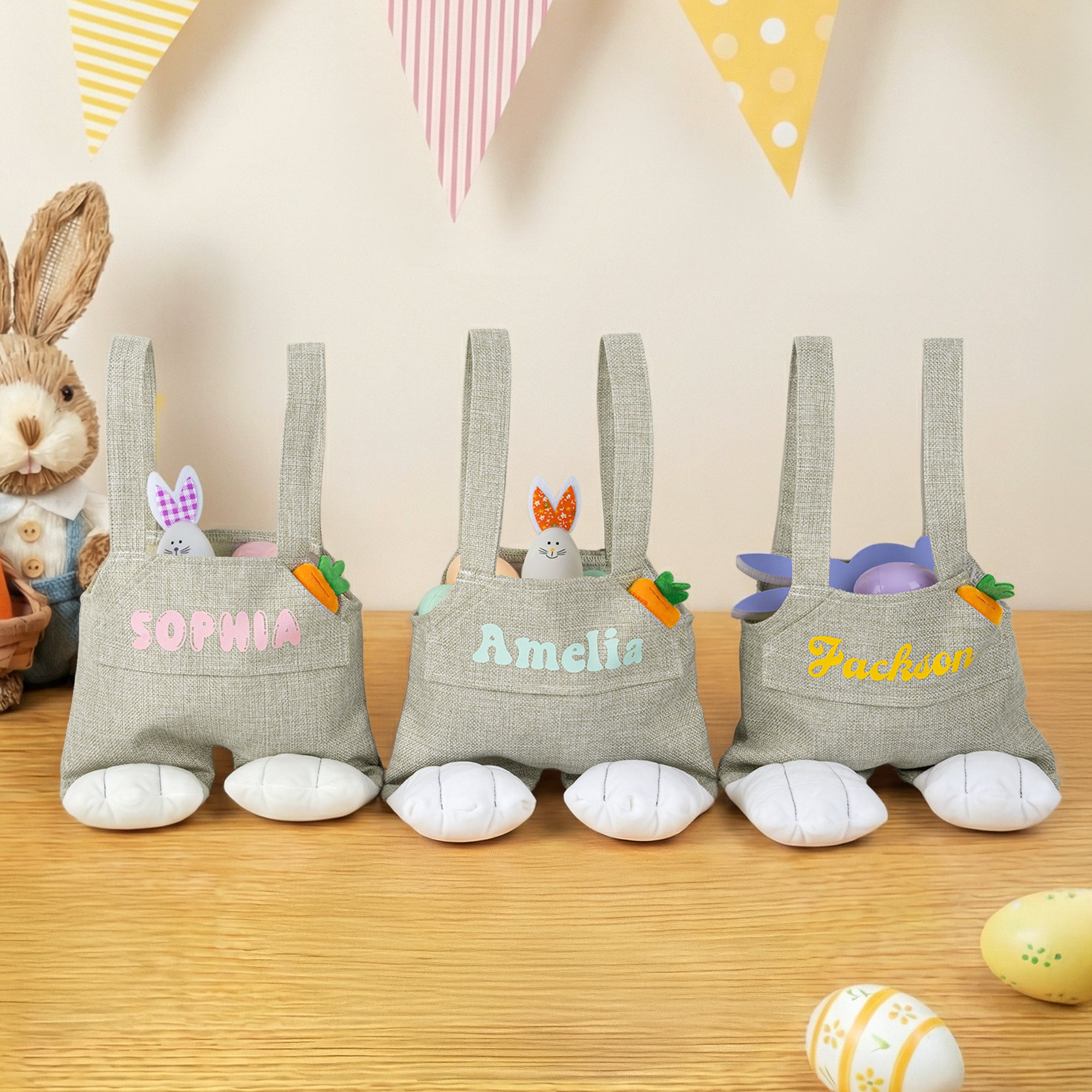 Conejito de Pascua personalizado Bolsa de tela con nombre Feliz Pascua Huevo de caza de regalo para los niños