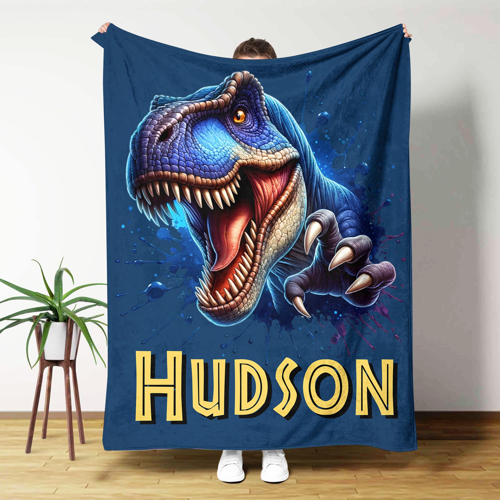 Coqueta manta personalizada de dinosaurio multicolor con nombre Decoración para el hogar Envío desde EE.UU. Regalo de cumpleaños para niños Niñas Amantes de los dinosaurios