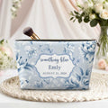 Personalizado Algo Azul Floral Bolsa de Maquillaje Portátil con Nombre Fecha Uso Diario Viaje Almacenamiento Aniversario Cumpleaños Boda Regalo para Novia Dama de honor