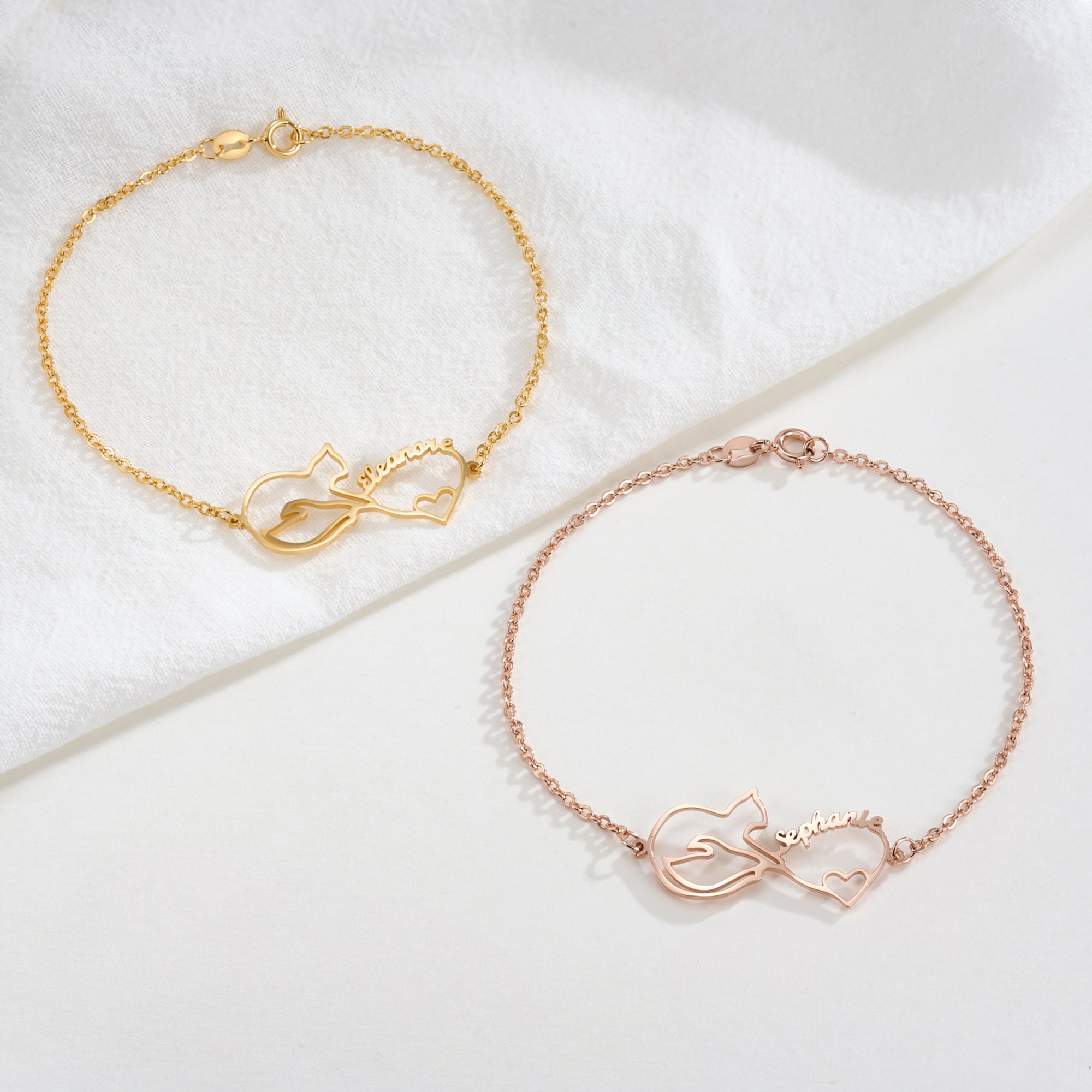 Tobillera personalizada Mobius Infinity en forma de corazón de gato con nombre Elegante joya de uso diario Cumpleaños Aniversario Regalo para los amantes de los gatos