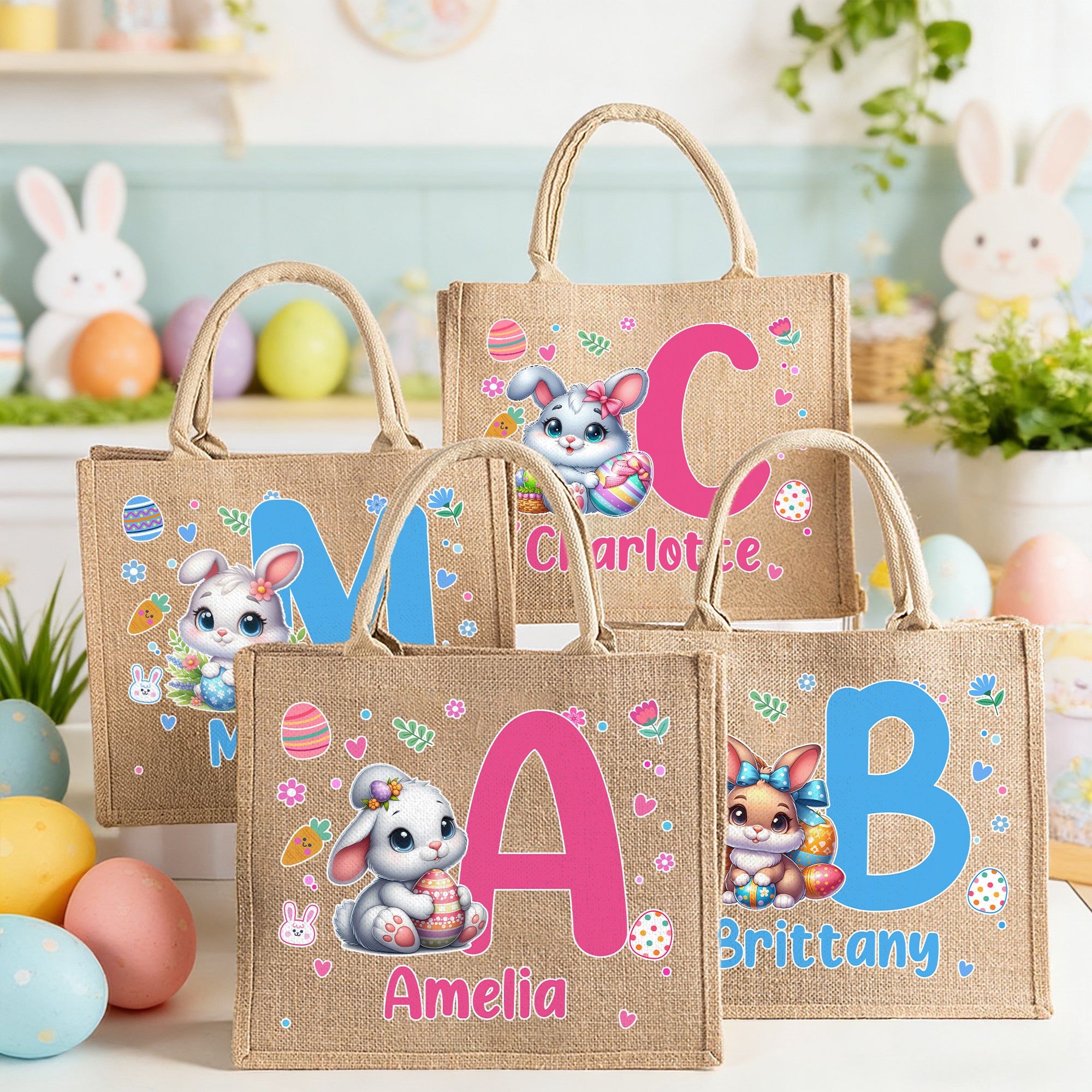 Conejito de Pascua de dibujos animados personalizado Bolsa de yute grande con nombre e inicial Regalo de Pascua para niños Familia Amigos