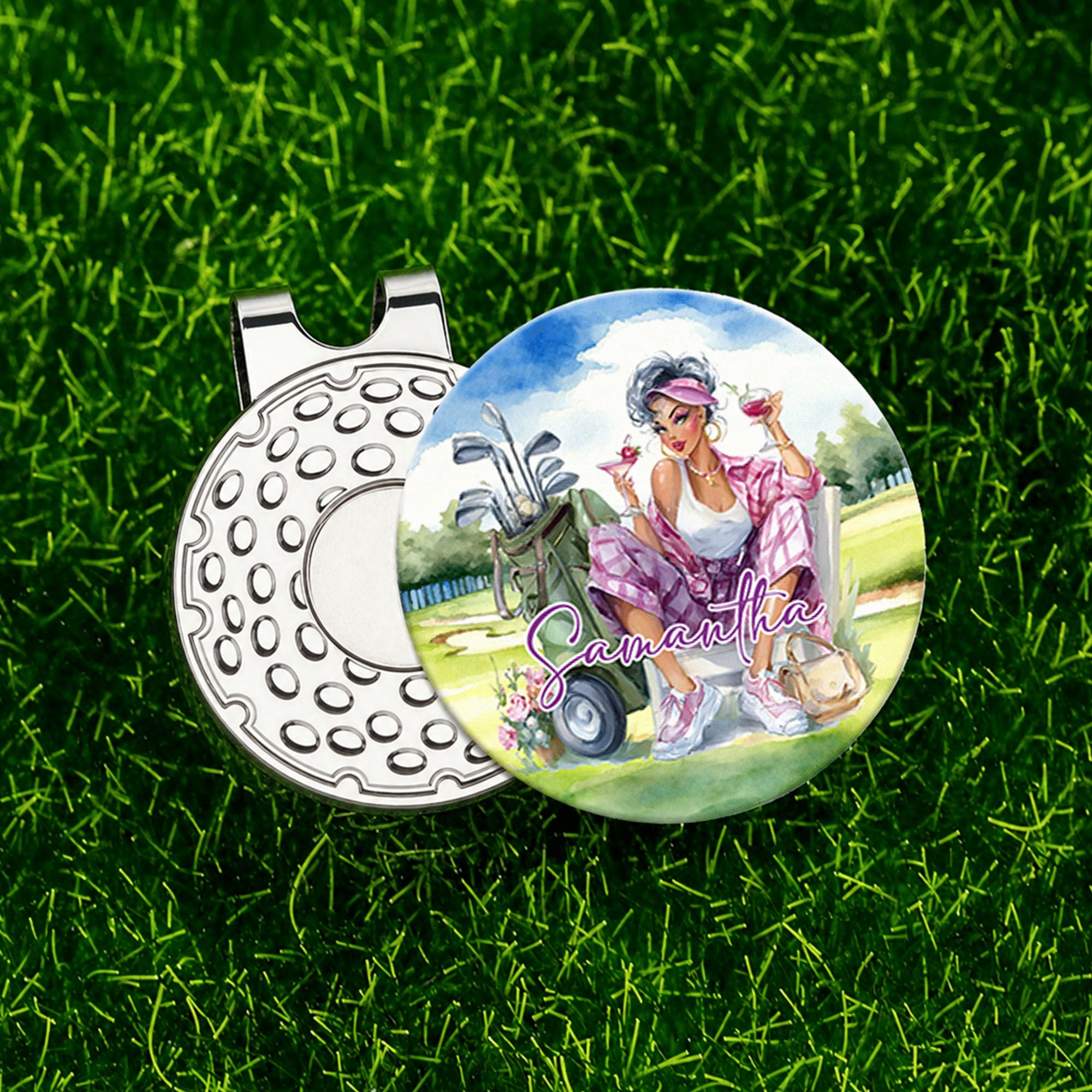 Golf personalizado de dibujos animados Mujer Golf Ball Marker magnético Hat Clip con nombre Cumpleaños Regalo de Navidad para Golf Lover