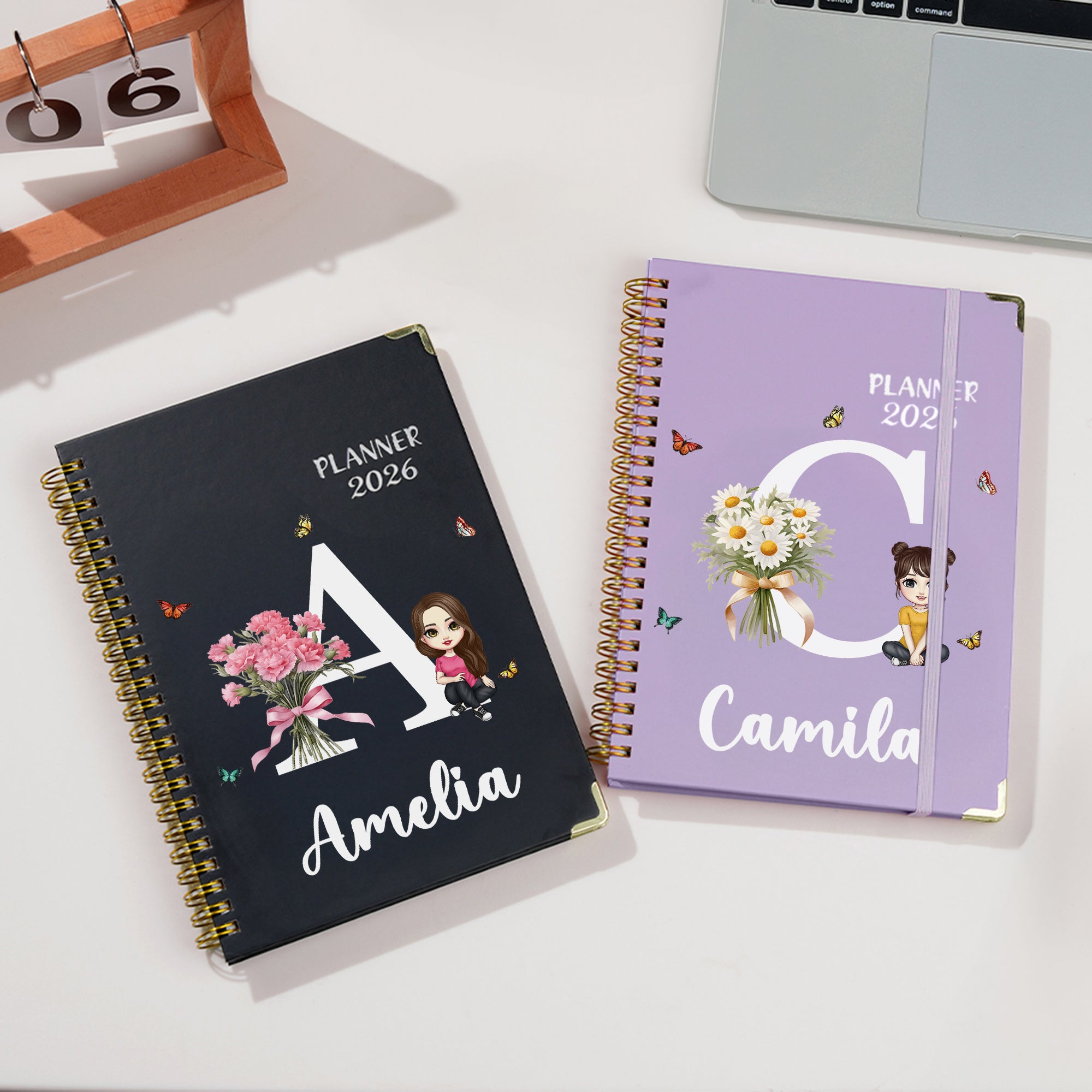 Personalizada Nacimiento Flor Cartoon Carácter espiral A5 cuaderno con nombre inicial y semanal Planificador Página Cumpleaños Navidad Regalo para amigos de la familia