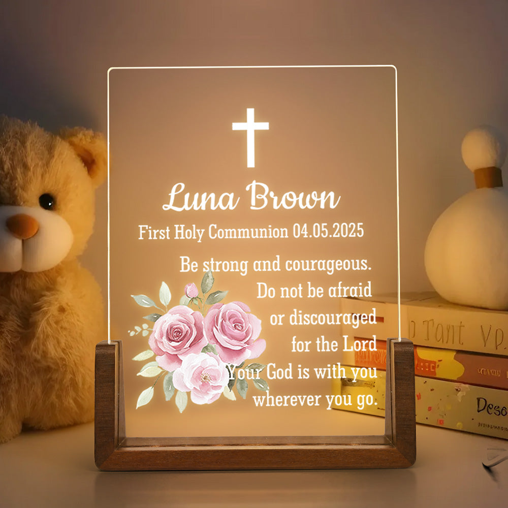 Corona de flores personalizada Cruz Base de madera LED Luz de noche con nombre y texto Decoración del hogar Bautizo Confirmación Baby Shower Regalo para niños
