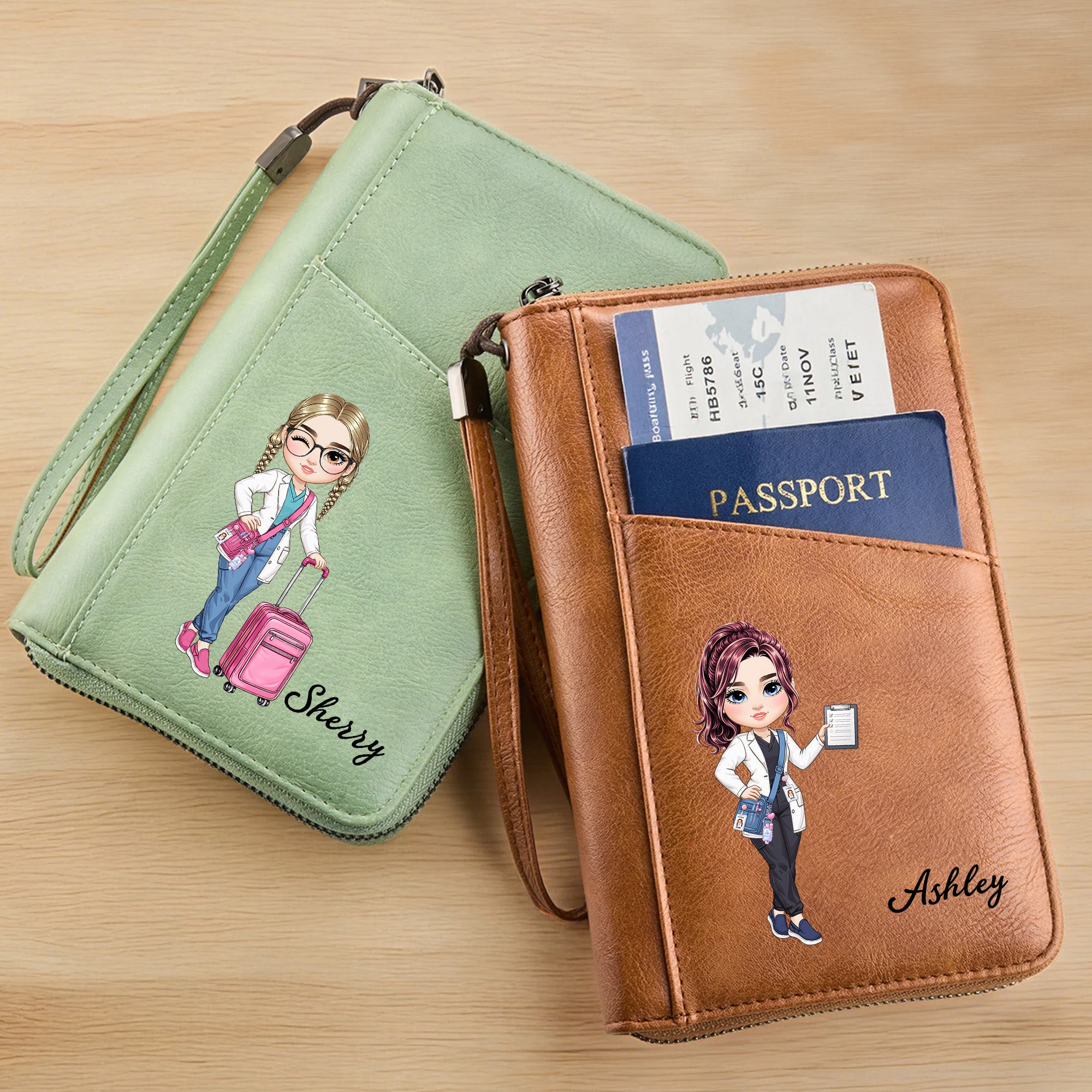 Personalizado de la enfermera de dibujos animados de cuero de la PU Pasaporte Cartera con nombre de viaje esencial de regalo de cumpleaños para la enfermera Médico Personal