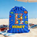Mochila de playa con cordón personalizada con el nombre Cool Hero Comic Design Star Initial Beach Party Birthday Gift for Kids