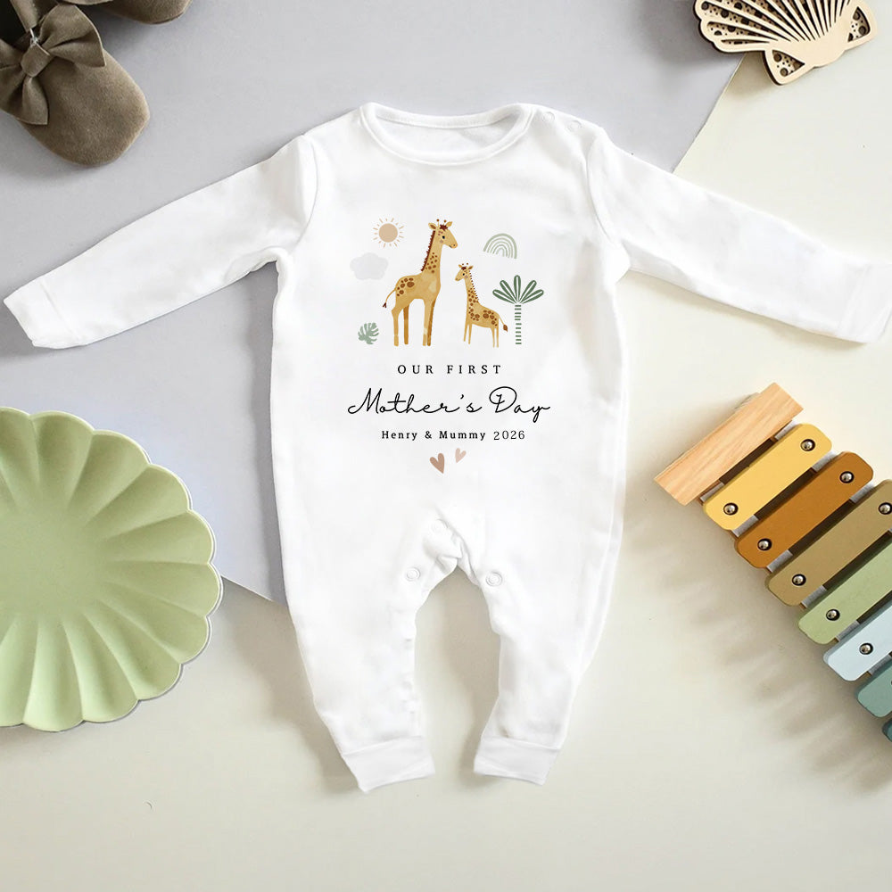 Pelele personalizado de jirafa arco iris 100% algodón con nombre y año Primer Día de la Madre Baby Shower Regalo para recién nacido