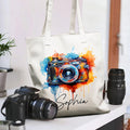 Acuarela Personalizada Floral Retro Cámara Reutilizable Bolsa de Bolsa con Nombre Accesorios de Viaje Cumpleaños Aniversario Regalo para Mujeres Fotógrafas