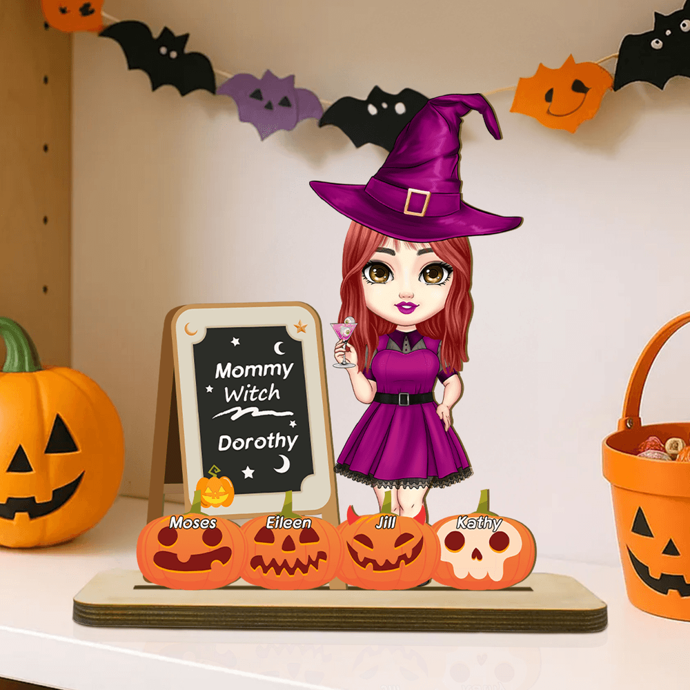 Pizarra personalizada sombrero de bruja calabaza bruja ornamento con 1-8 nombres y título decoración del hogar Halloween regalo para mamá abuela