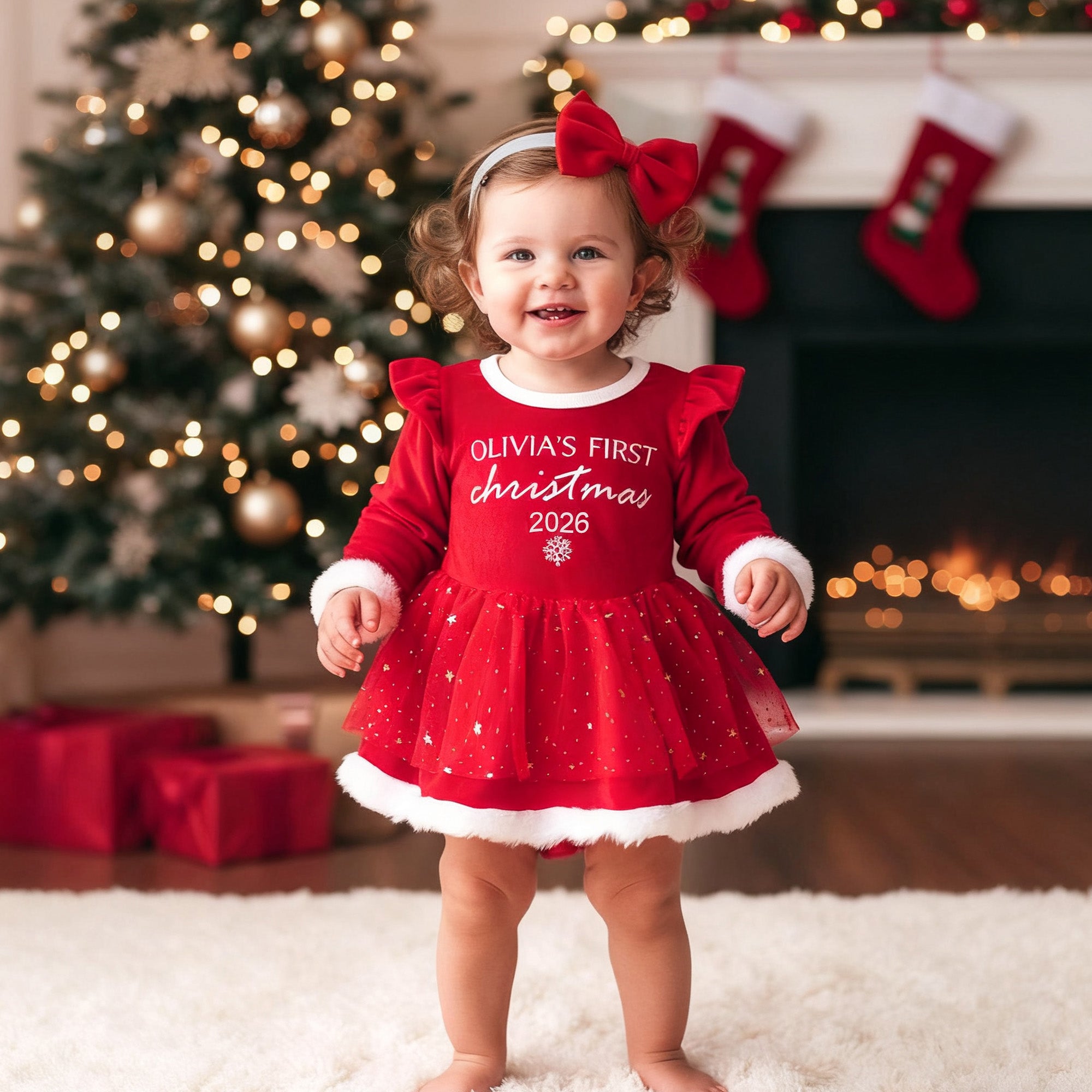Bebé Niña Vestido Tutú Rojo Personalizado Lazo Diadema Traje con Nombre y Año Fiesta de Navidad Traje de Navidad Regalo para Bebé Niña