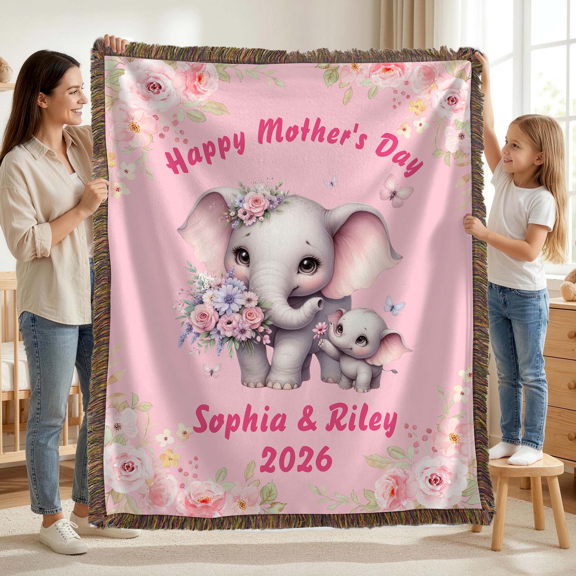 Personalizado lindo elefante de dibujos animados mamá niño flor suave manta con texto decoración del hogar aniversario Día de la Madre regalo para mamá abuela