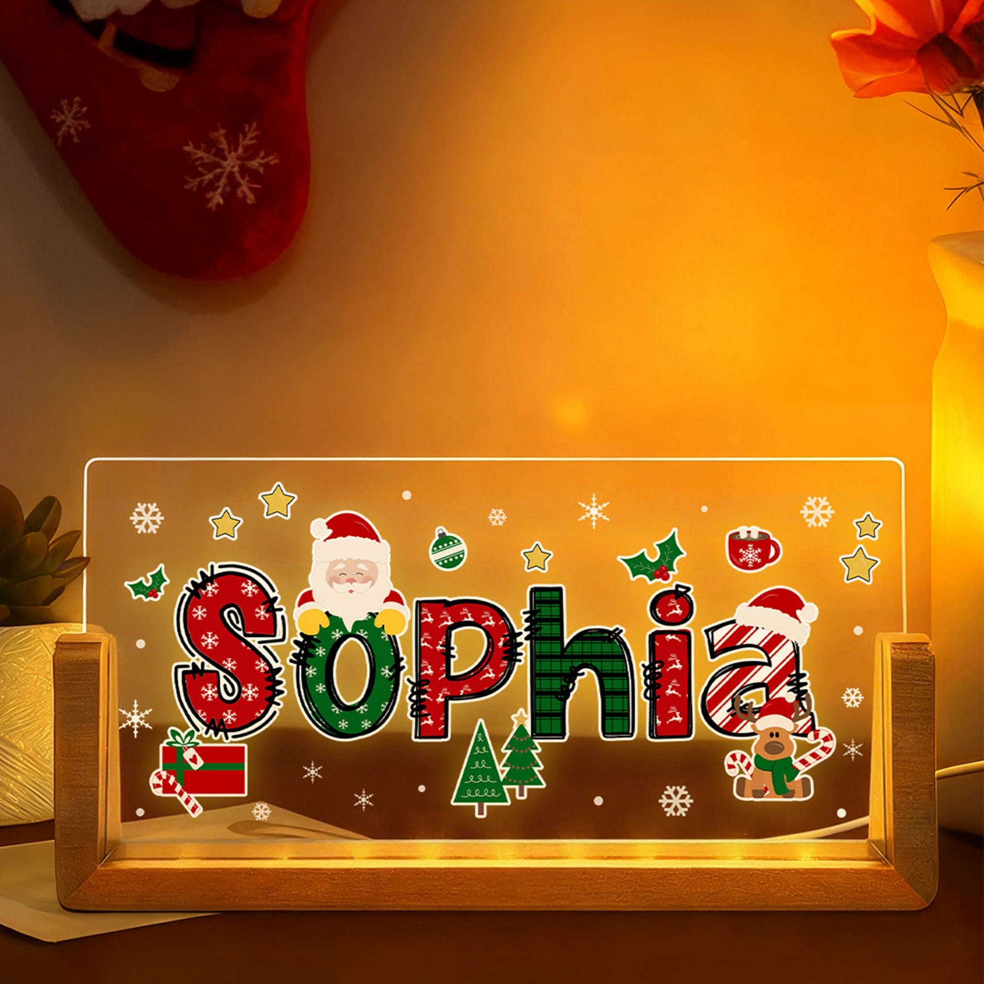 Luz de noche LED acrílica con nombre y base de madera con diseño de alce y Papá Noel personalizado Regalo de Navidad para familiares y amigos