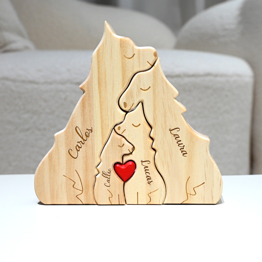 Rompecabezas de madera personalizado de familia de lobos con corazón y nombres decoración de escritorio regalo de aniversario para la familia