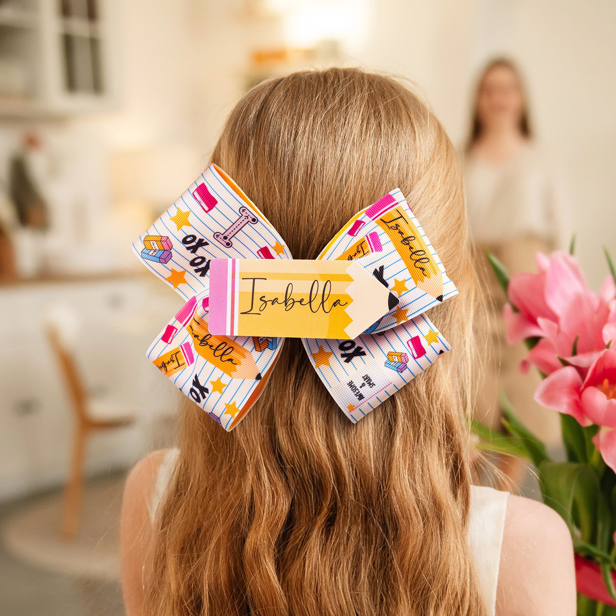 Pinza para el pelo con forma de lazo de lápiz personalizada con nombre y tarjeta Accesorio para el pelo Regalo para el primer día de guardería de la vuelta al cole para niñas