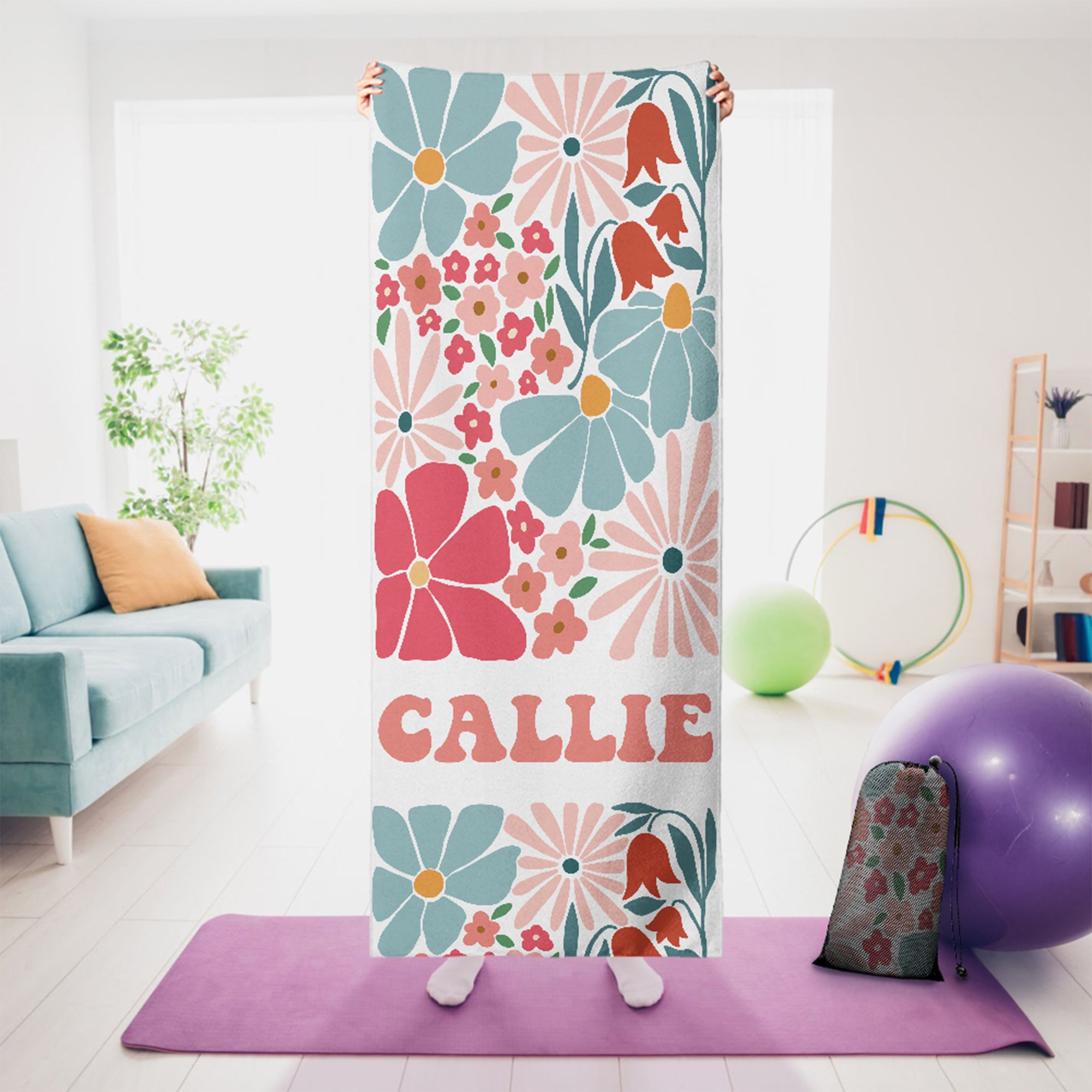 Toalla de Yoga Personalizada Floral Super Absorbente con Nombre Accesorios Deportivos Regalo de Cumpleaños para Amigas Amantes del Yoga