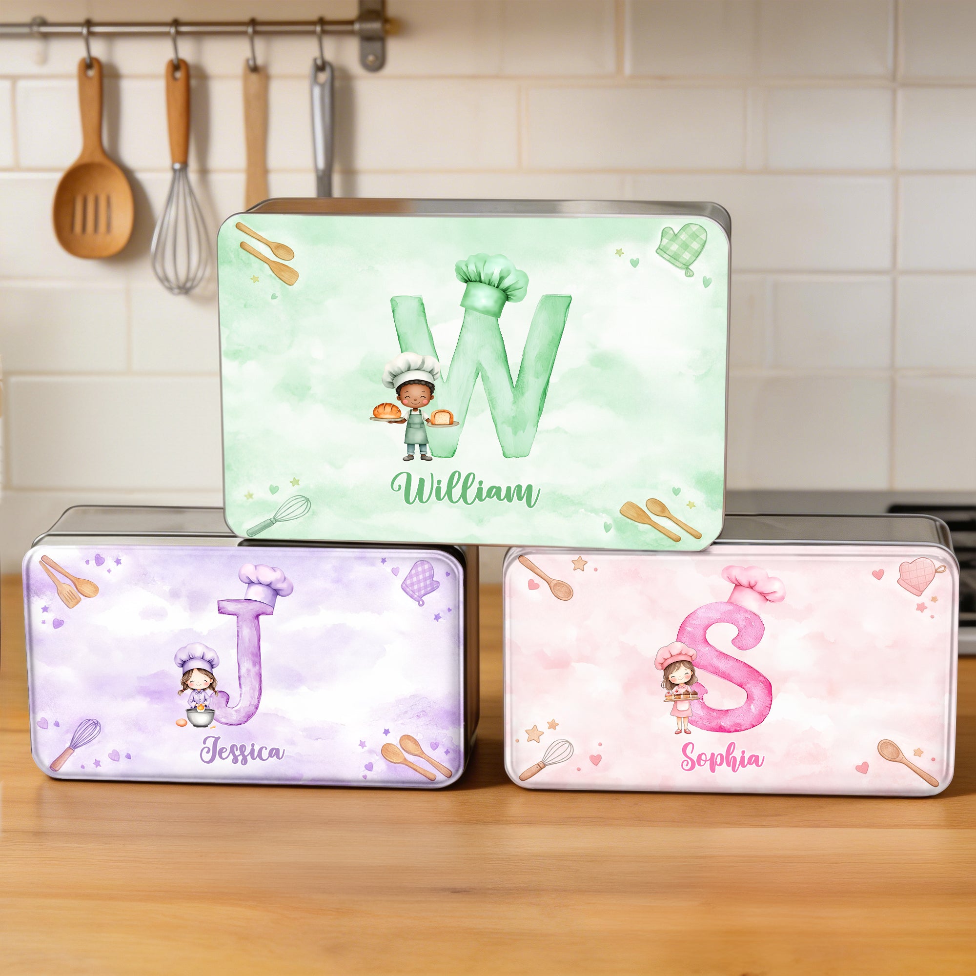 Caja de galletas personalizada con nombre e inicial en estilo acuarela de un personaje de chef de dibujos animados Herramientas para hornear Fiesta de Pascua Regalo de cumpleaños para niños