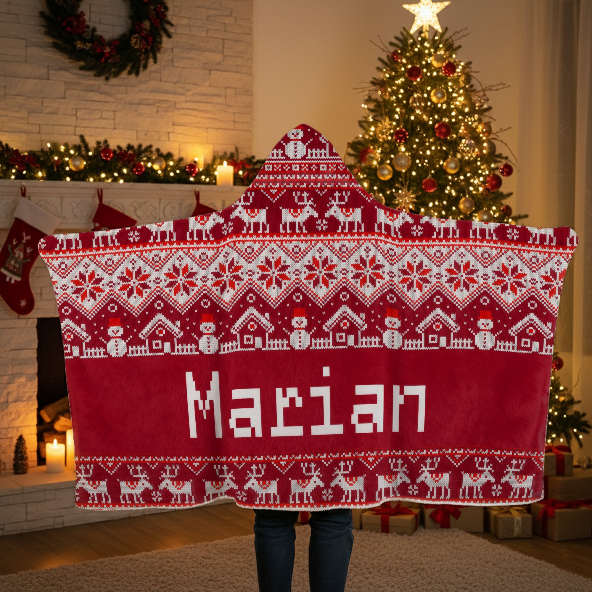 Manta con capucha personalizada estilo Fair Isle Muñeco de nieve Reno Papá Noel Suave con nombre Decoración del hogar Regalo de Navidad para niños Familia