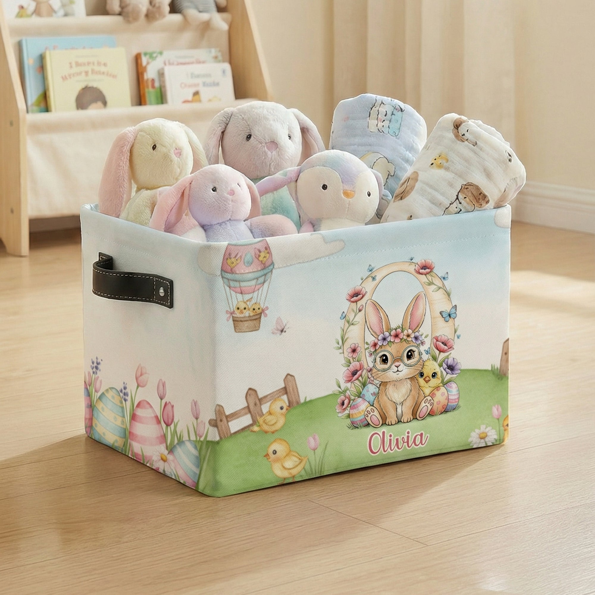 Cesta de Pascua personalizada con conejo y nombre e inicial Regalo diario de Pascua para niños