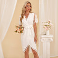 Bridal Wedding Dress White Short Sleeve Asymmetrical V-Neck Sheath Lace