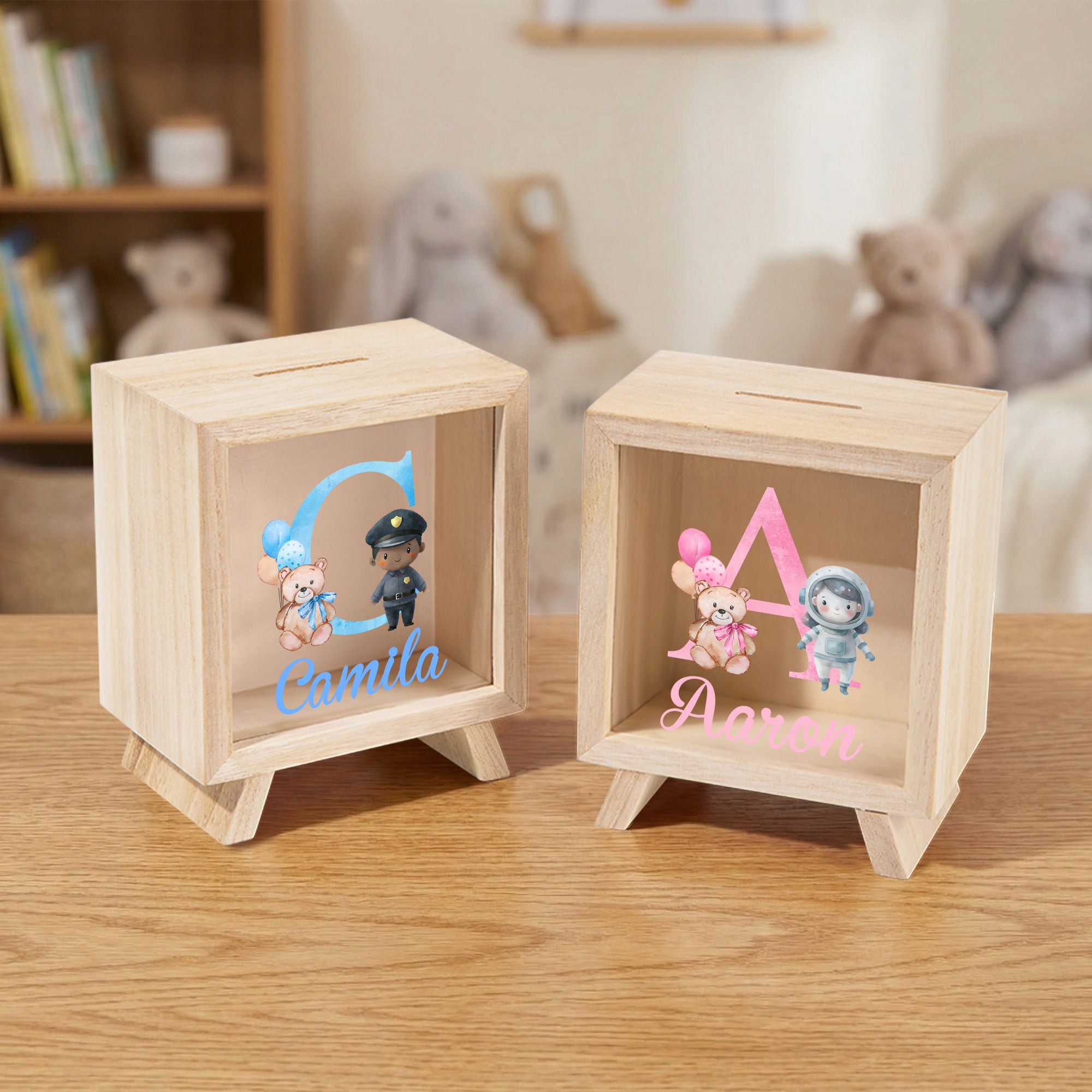 Personalizado de dibujos animados de carácter profesional Oso Inicial Hucha de madera alcancía con el nombre del Día de los Niños Regalo para Niños Niñas