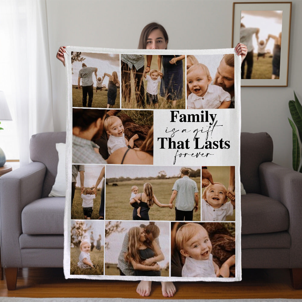 Personalizado La familia es un regalo que dura para siempre Collage de fotos Suave manta para el hogar Decoración Cumpleaños Día de la Madre Regalo para amigo de la familia
