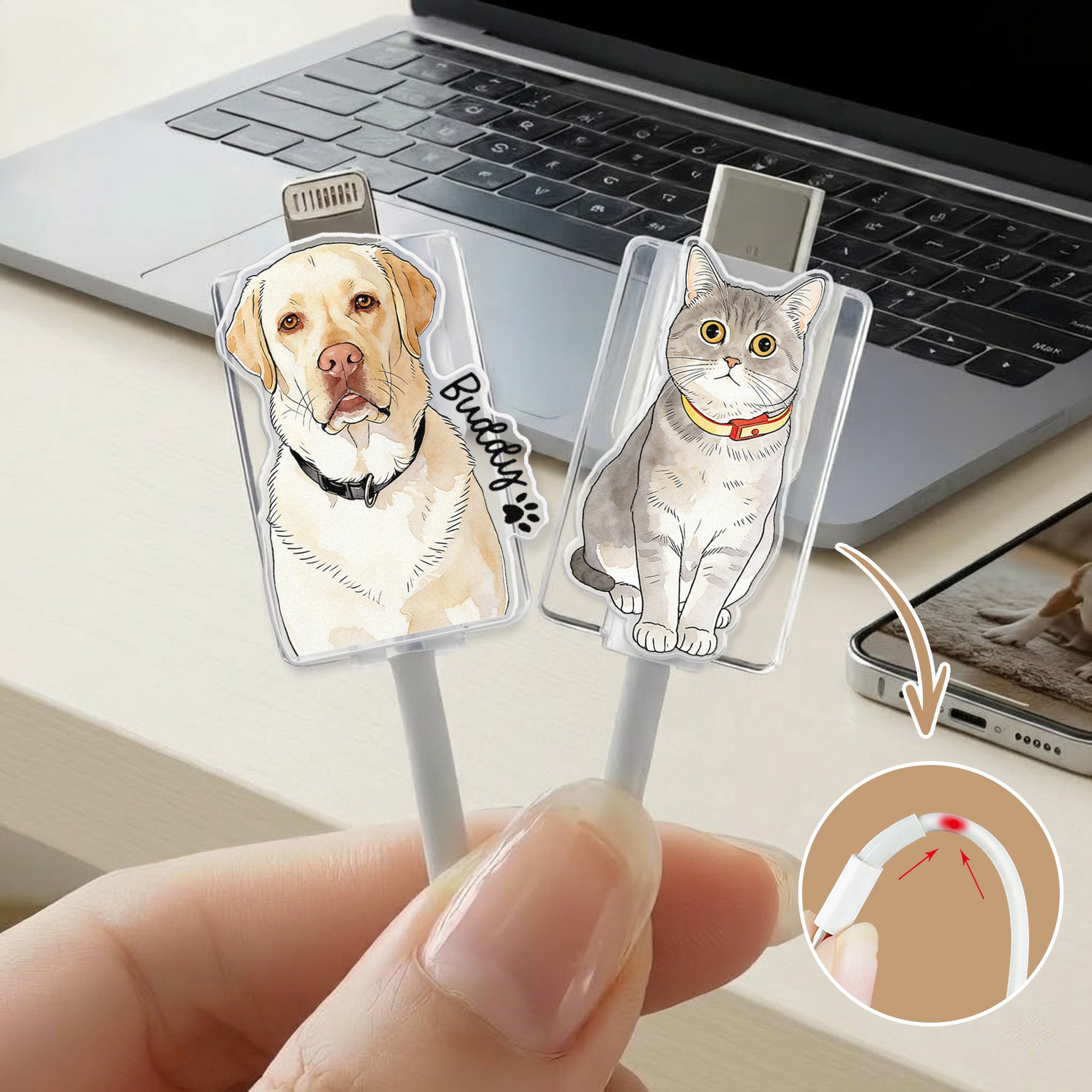 Juego de 2 protectores de cable acrílicos con nombre para iPhone Type-C Phone Accessory Gift for Pet Lover Pet Owner