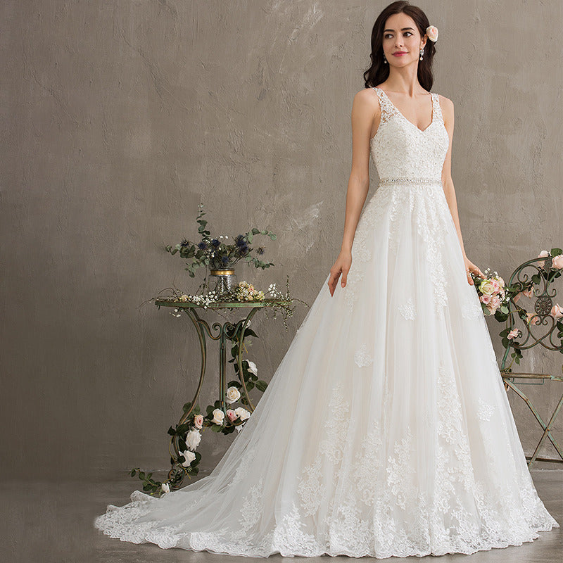 Bridal Wedding Dress White Sleeveless Long V-Neck Ball-Gown Princess