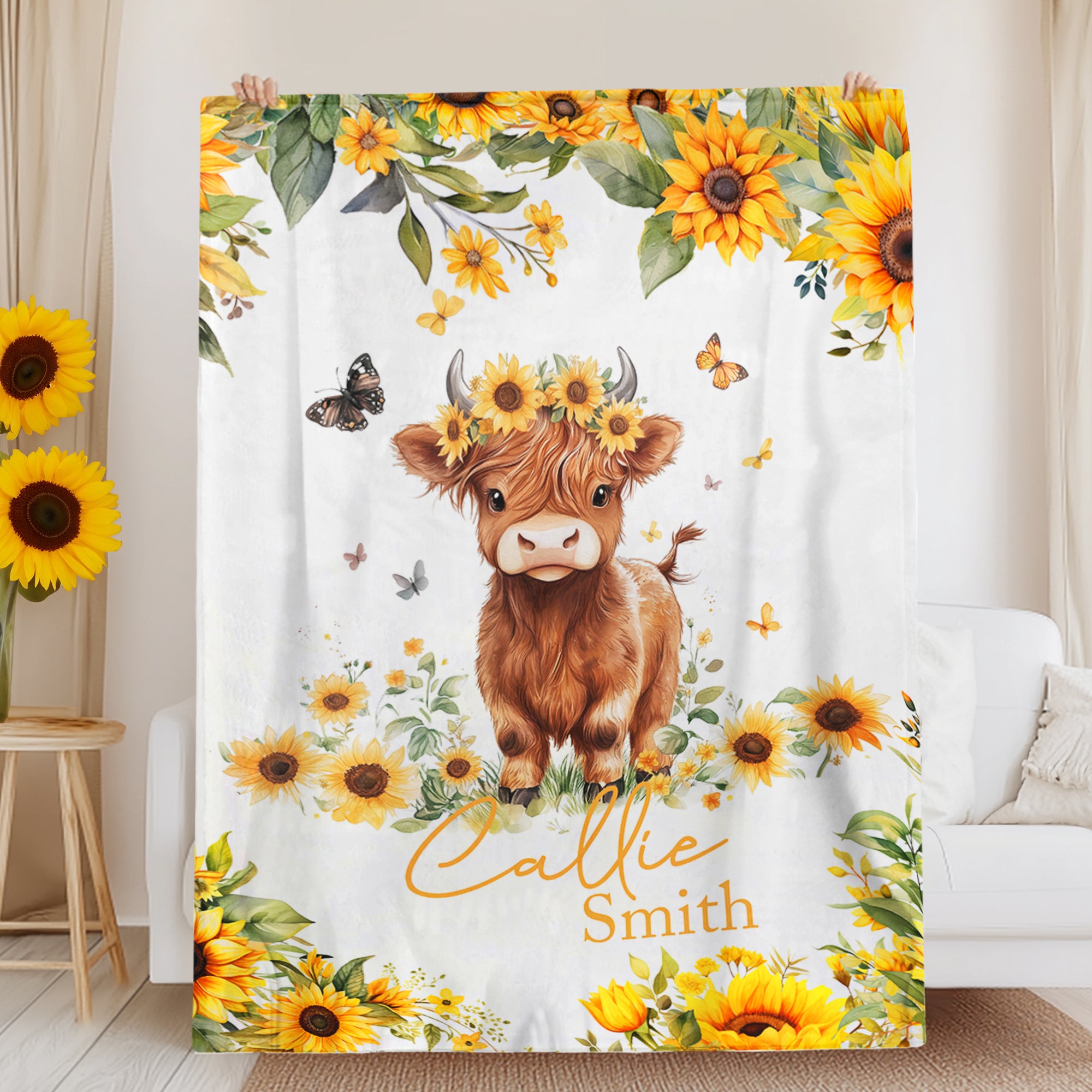 Mantas personalizadas de girasoles con el nombre de la vaca de las Tierras Altas Decoración para el hogar Cumpleaños Baby Shower Regalo para niños
