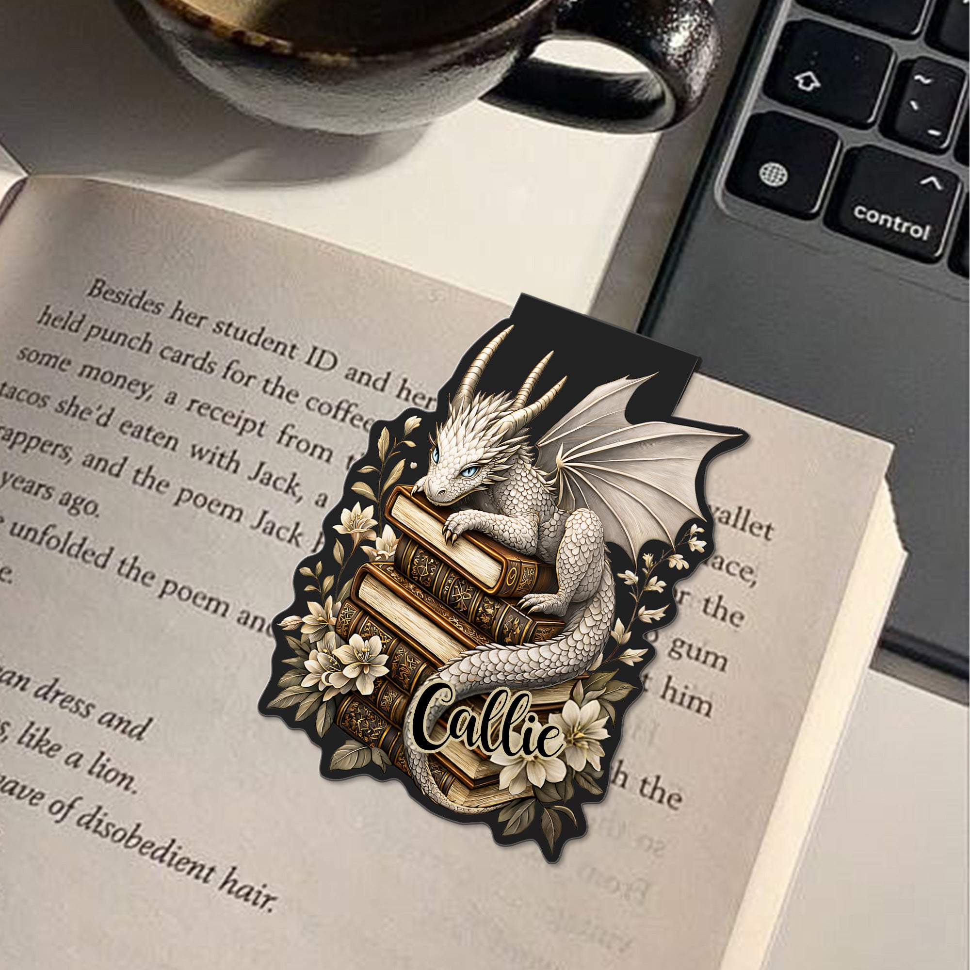 Marcapáginas magnético personalizado de metal con nombre y diseño de dragón floral regalo de cumpleaños para amantes de libros y de dragones