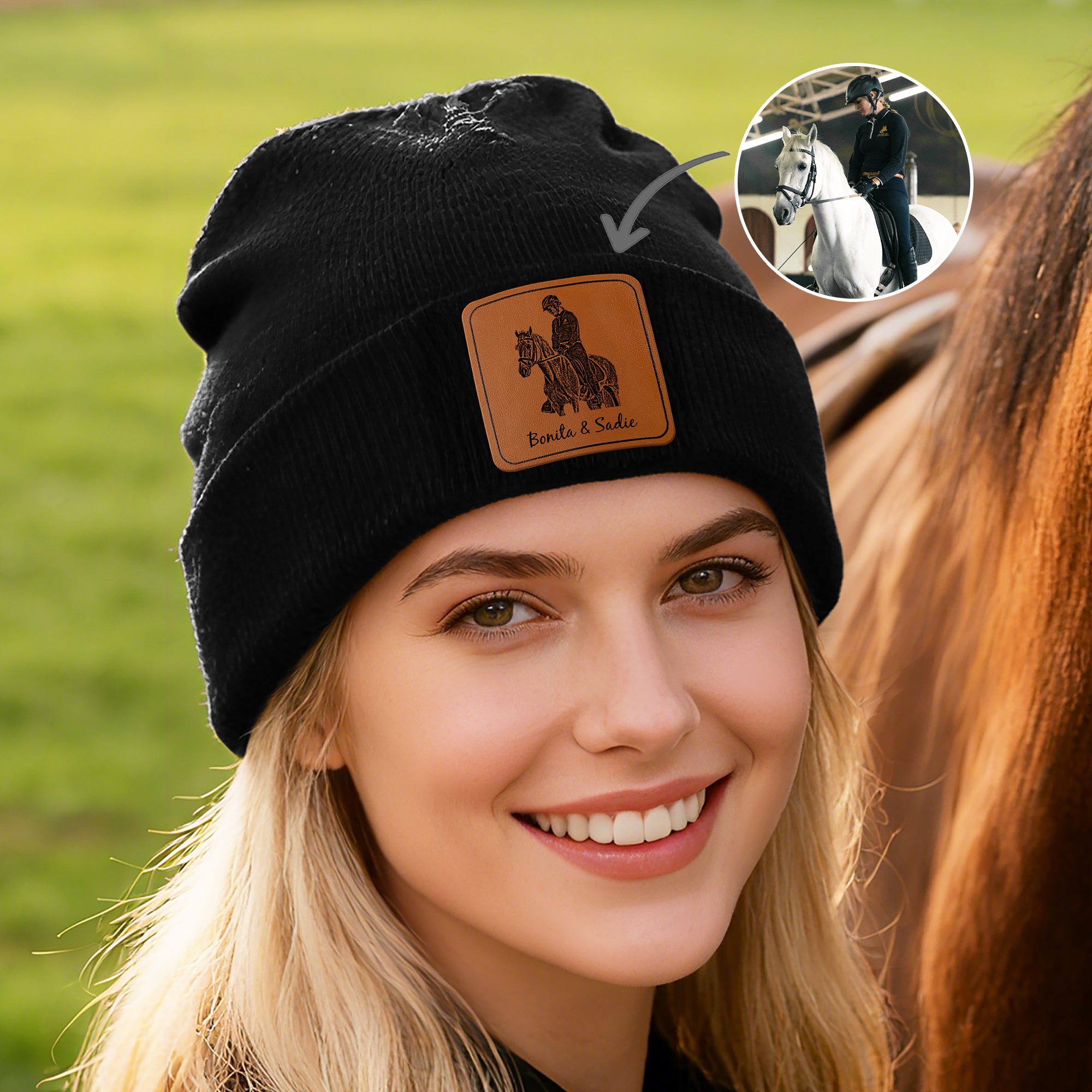 Gorro de punto personalizado con foto de caballo multicolor y nombre Accesorios diarios Regalo de cumpleaños para jinetes amantes de los caballos