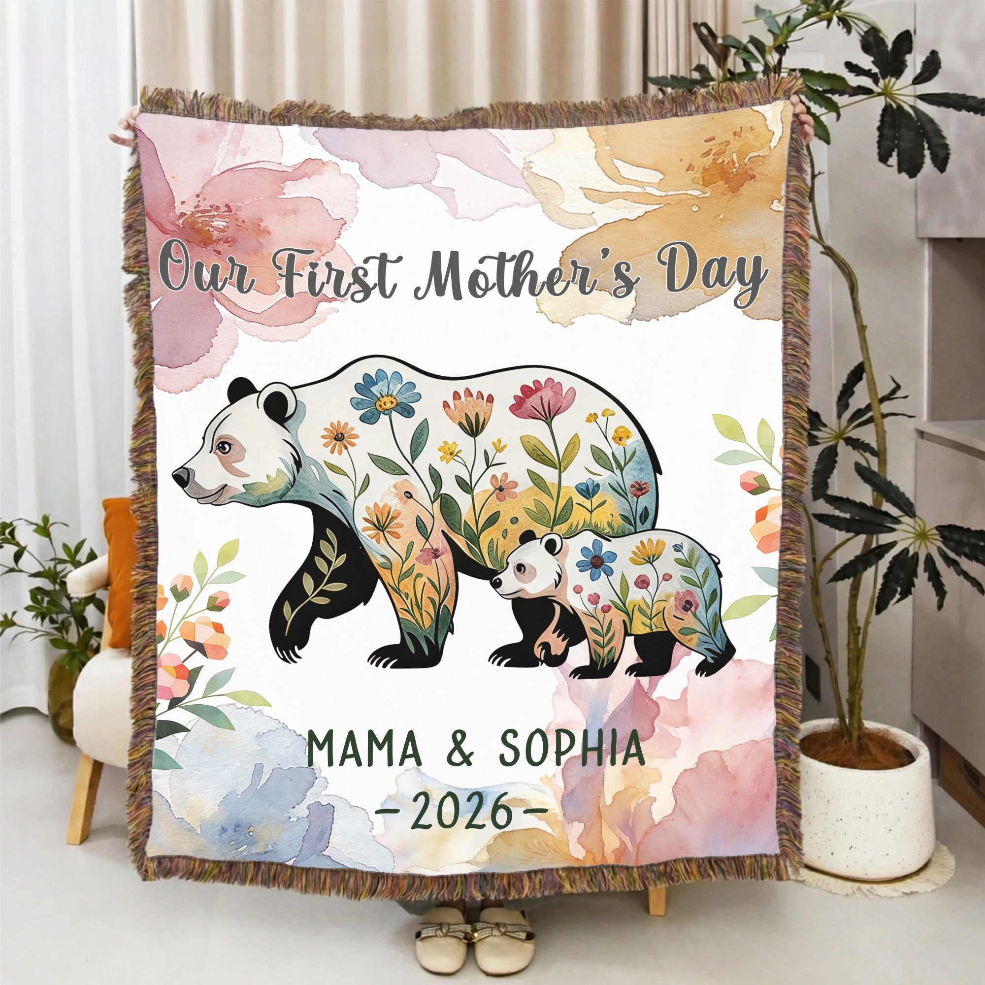 Flor personalizada Oso de peluche para padres e hijos Manta suave con nombre y año Decoración del hogar Día de la madre Cumpleaños Aniversario Regalo para madres Niños
