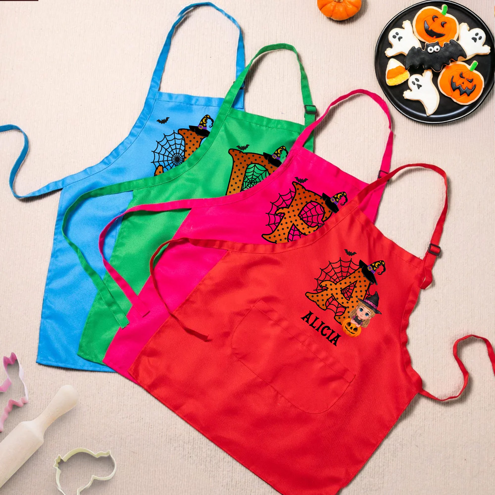 Delantal de bruja y sombrero de chef personalizados de dibujos animados con nombre e inicial para uso diario regalo de fiesta de halloween para niños