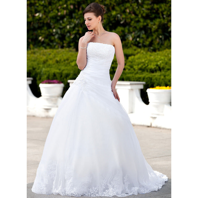 Bridal Wedding Dress White Strapless Long Straight Ball-Gown Princess