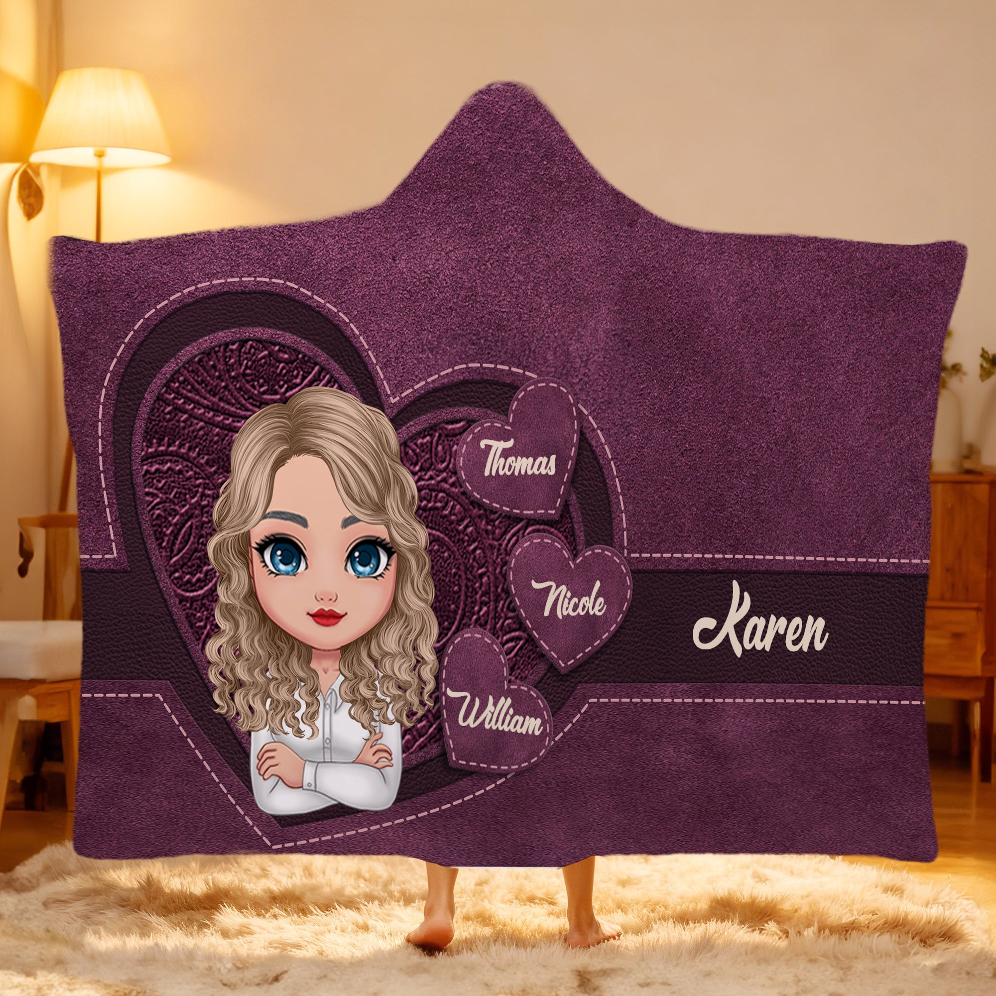 Personalizada Retro Corazón Personaje de dibujos animados Suave manta con capucha con 1-8 nombres Decoración para el hogar Regalo de cumpleaños para las mujeres