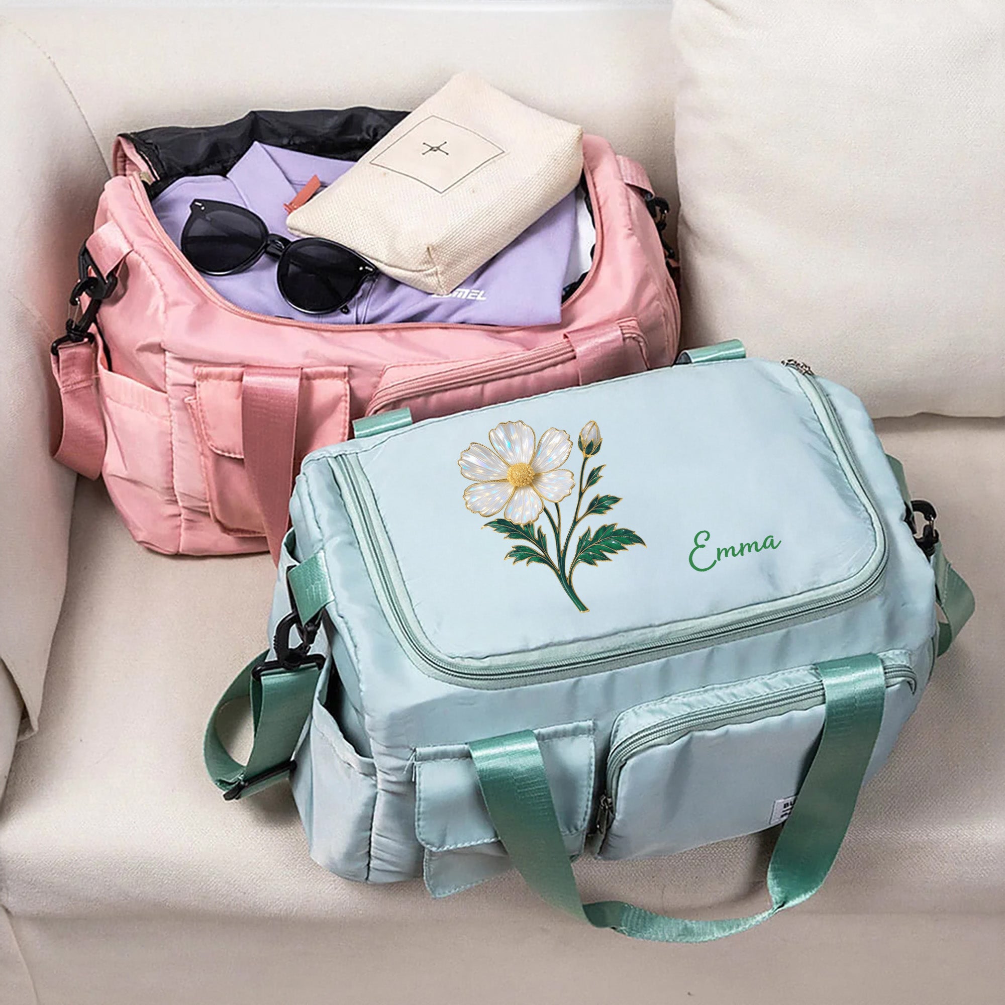 Bolsa de viaje personalizada con nombre y bandolera Flor de nacimiento Efecto perla Regalo esencial de cumpleaños para mujer Niña