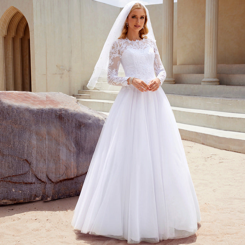 Bridal Wedding Dress White Long Sleeve Long Scoop Ball-Gown Princess