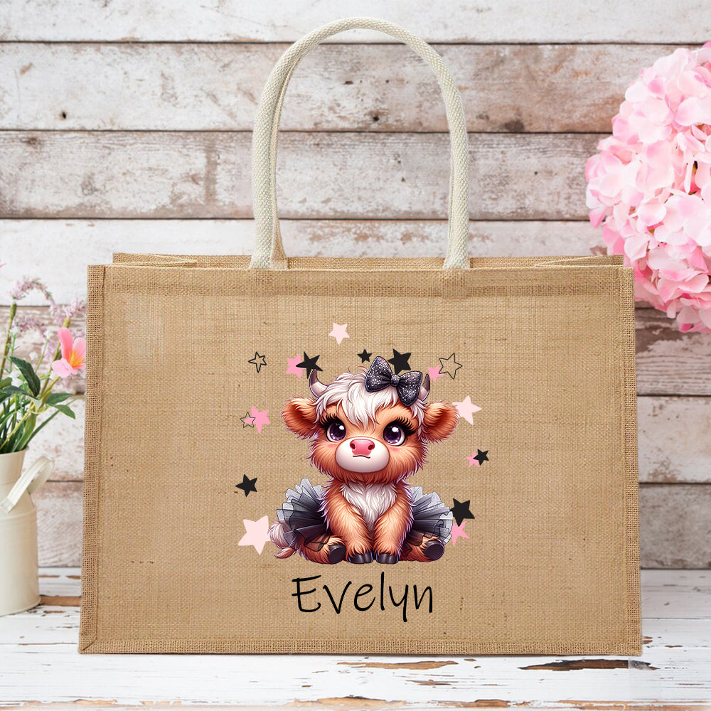 Vaca de las Highlands personalizada Bolsa de yute grande con nombre Accesorios de viaje Regalo de cumpleaños Vacaciones para mujeres Amantes de las vacas de las Highlands