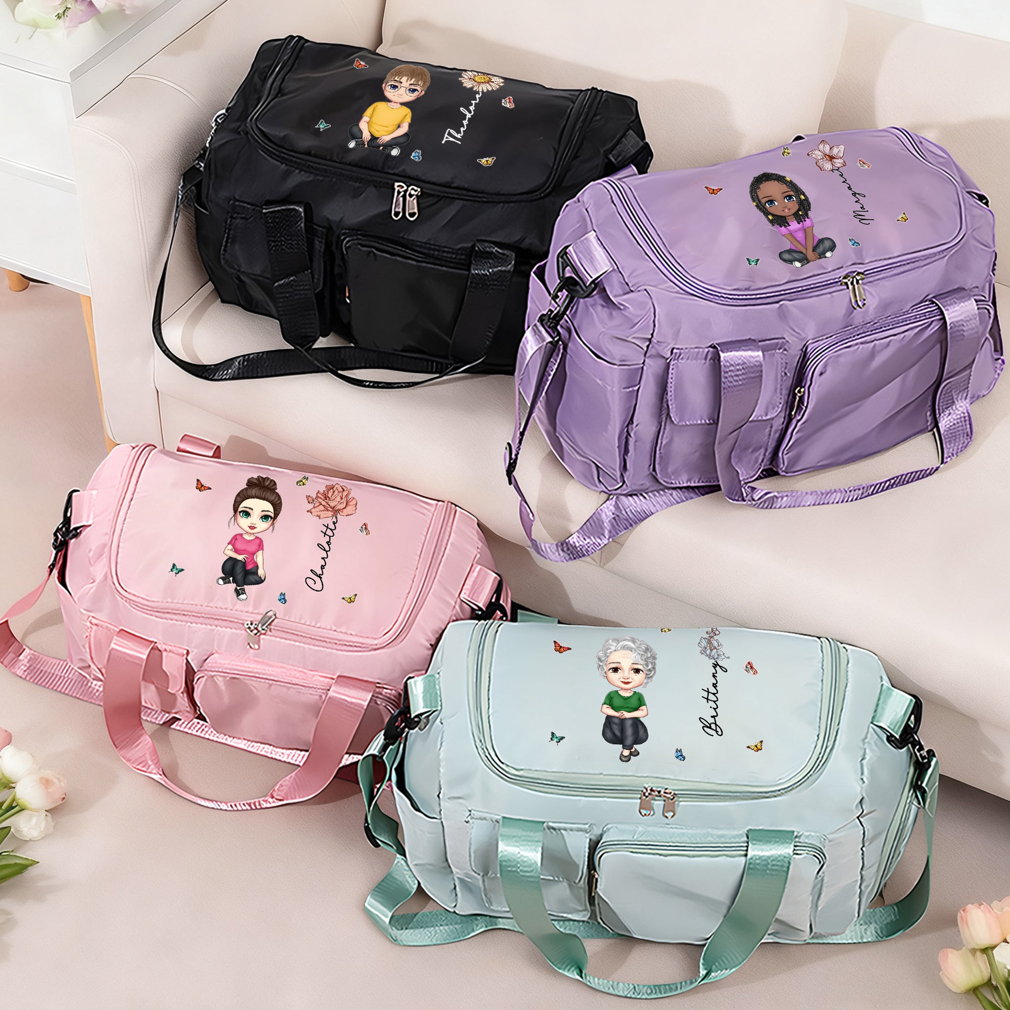 Personalizada Nacimiento Flor Cartoon Personaje Impermeable Grande Bolsa de viaje Duffel con Nombre Cumpleaños Navidad Regalo para Familia Amigos