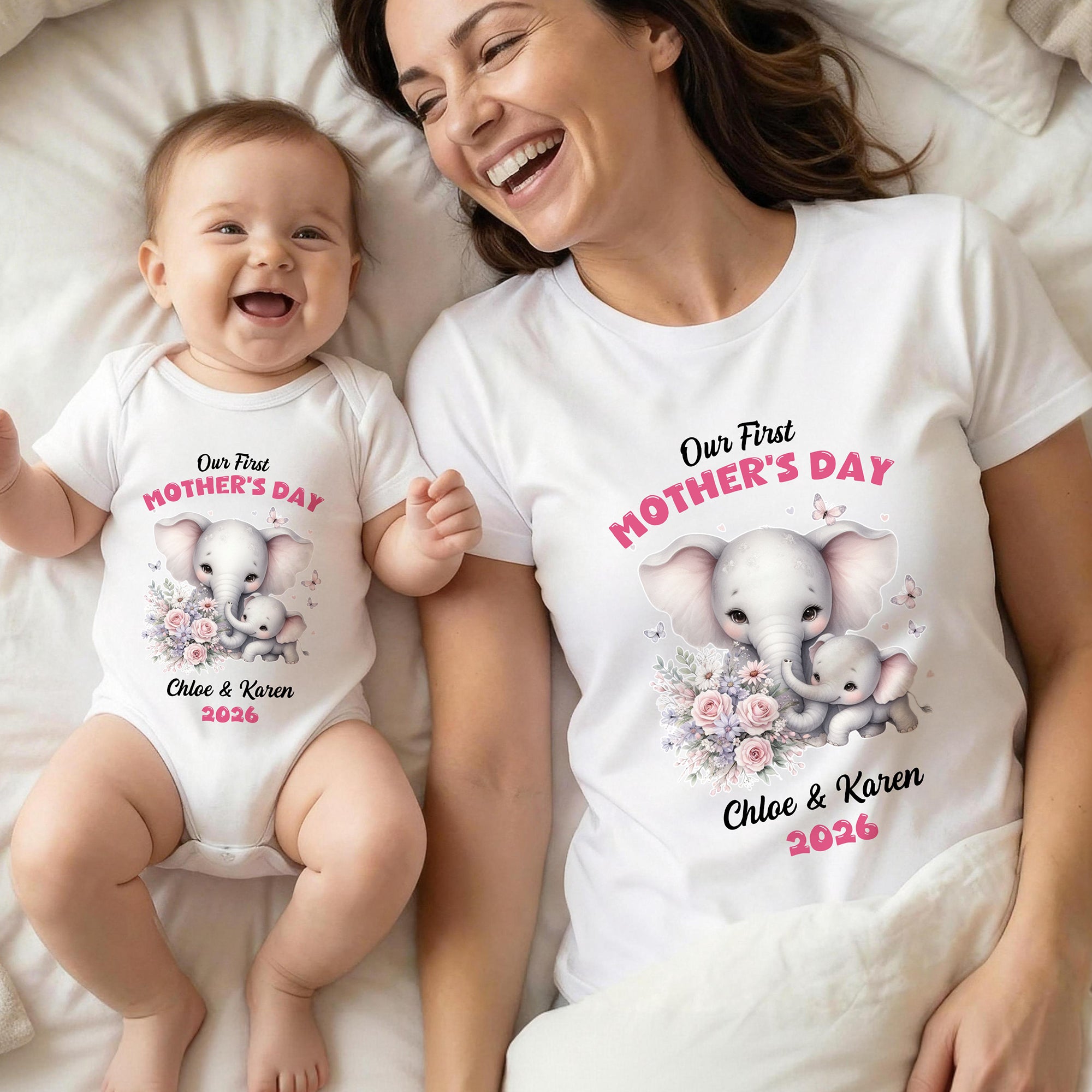 Personalizado Nuestro Primer Día de la Madre Elefante 100% Algodón Camiseta Bebé Body con Nombre Regalo del Día de la Madre para Mamá Bebé