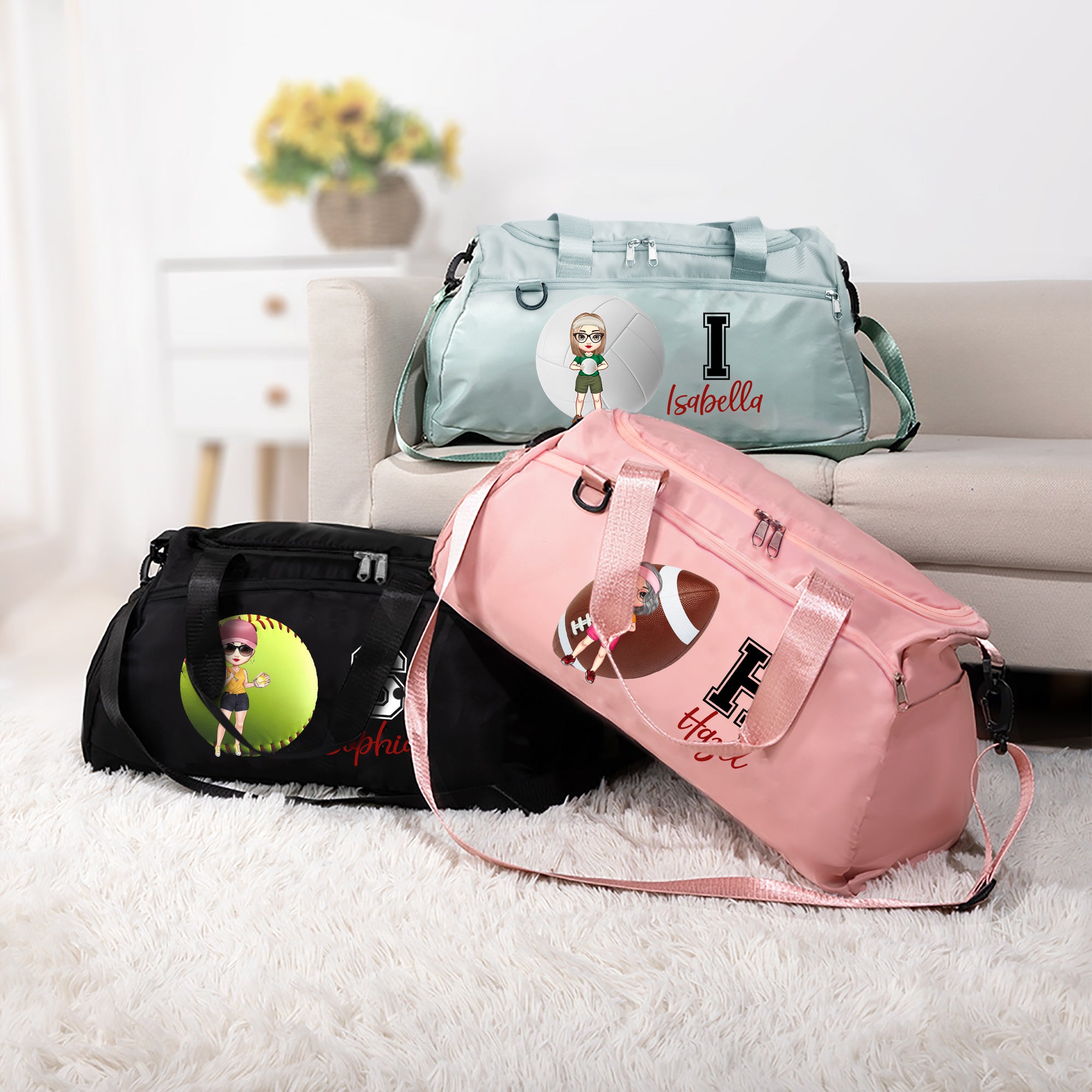 Bolsa de viaje grande impermeable personalizada con nombre e inicial de personaje de baloncesto de dibujos animados regalo de cumpleaños para mamá amante de los deportes
