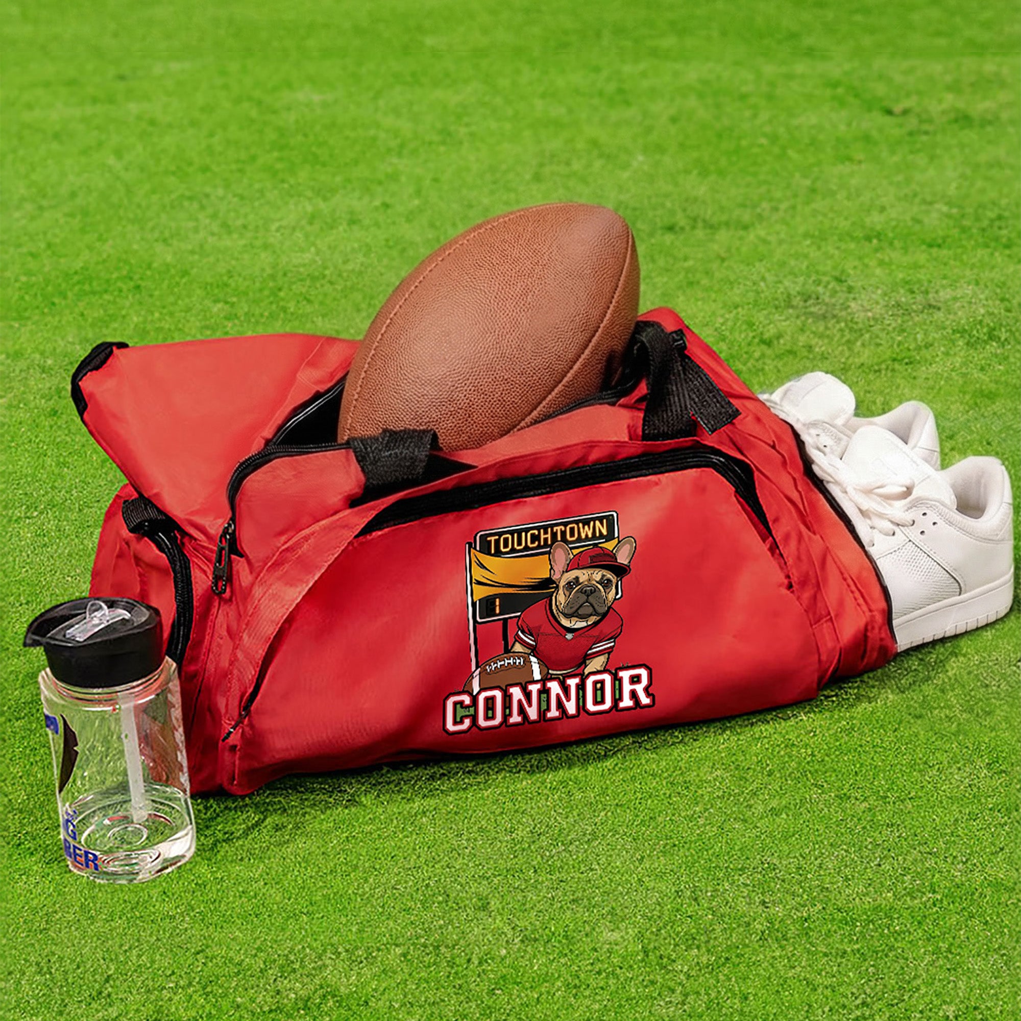 Bolsa de deporte de gran capacidad personalizada Bulldog francés de fútbol americano con nombre Regalo de cumpleaños para un amante del fútbol americano