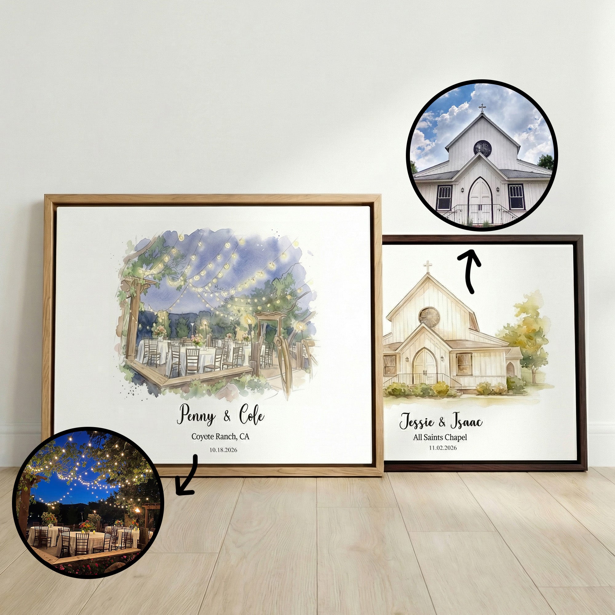 Acuarela personalizada Lugar de la boda Retrato Impresiones en lienzo con nombre y fecha Decoración para el hogar de boda Regalo para la pareja