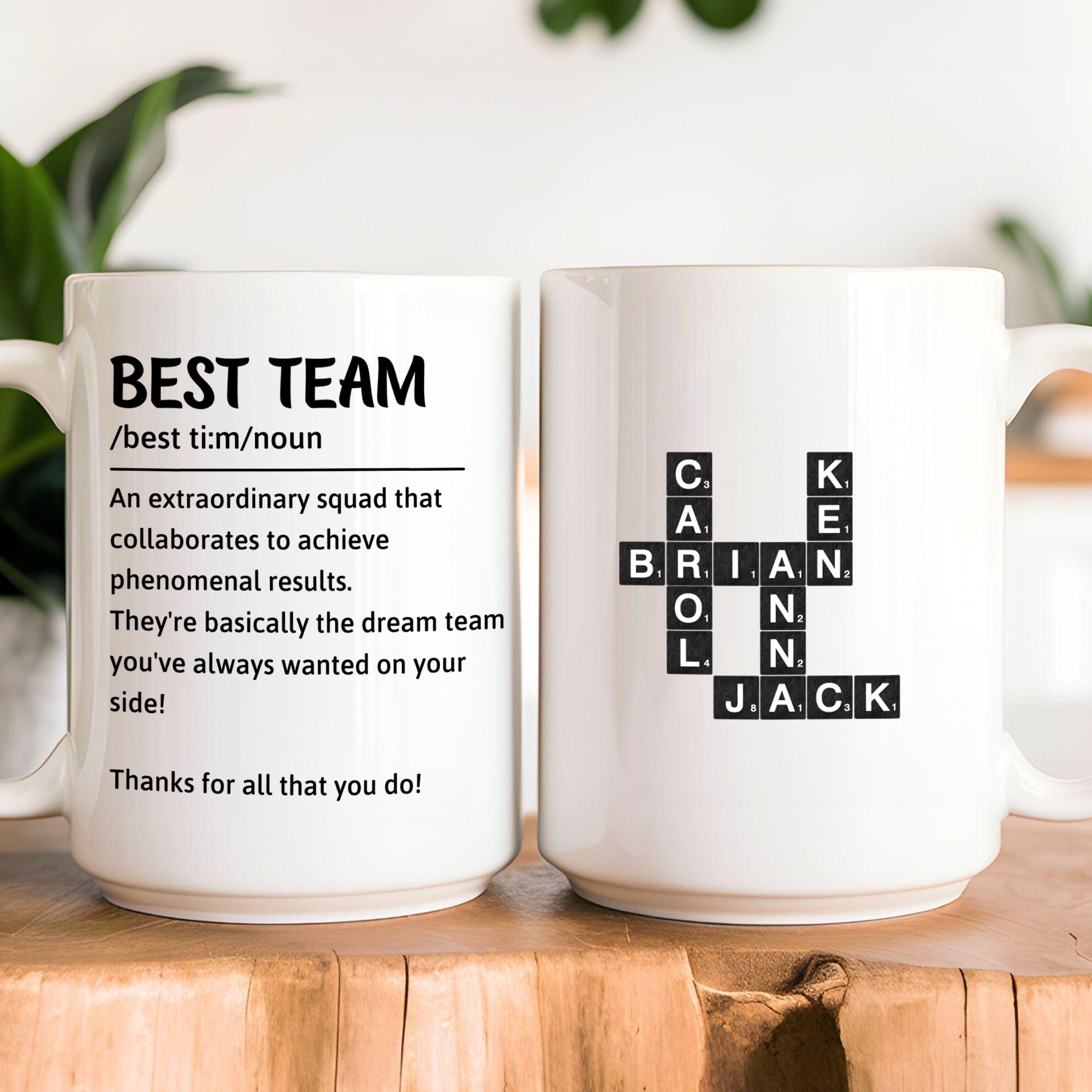 Taza de cerámica personalizada con los nombres del mejor equipo de juego de palabras cruzadas 11 oz 15 oz Regalo de cumpleaños para la familia amigos