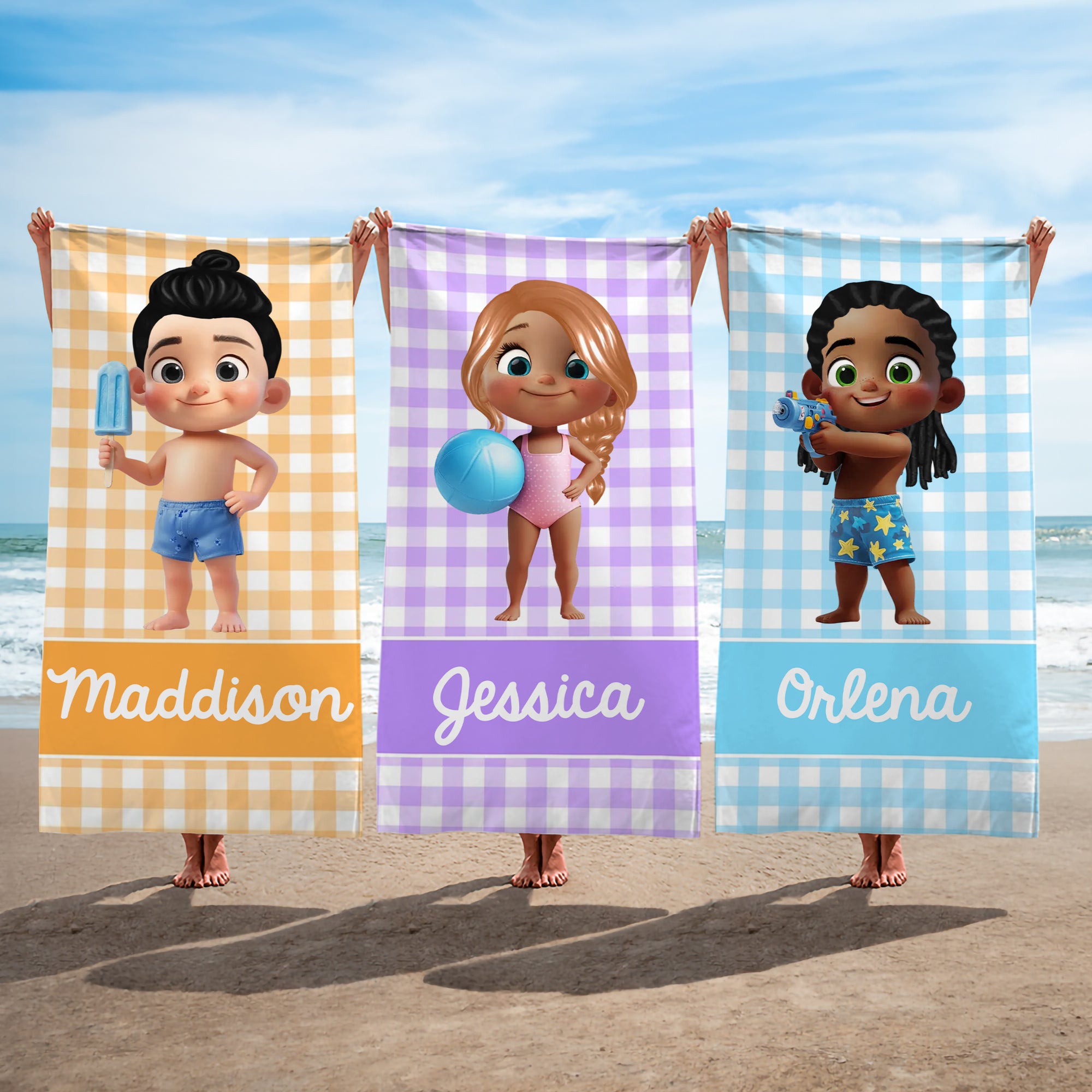 Toalla de playa personalizada de rayas con personajes de dibujos animados de gran tamaño y secado rápido con nombre Fiesta en la playa Regalo de cumpleaños para niños Niñas