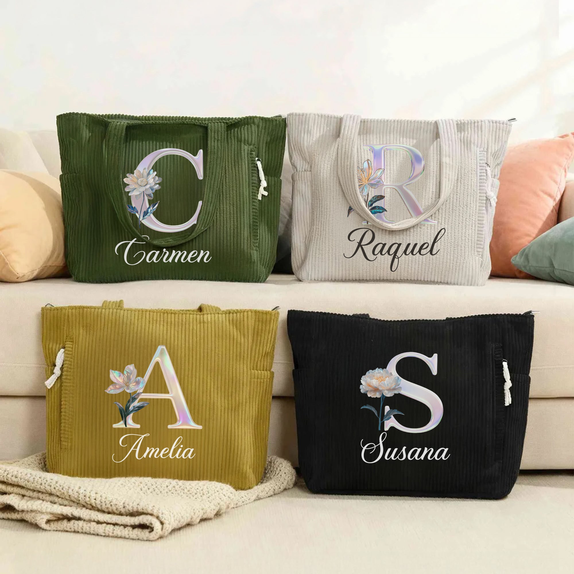 Bolso tote de pana personalizado con flor de nacimiento nombre e inicial con efecto perla de gran capacidad regalo de cumpleaños para mujer o chica