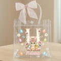 Bolsa transparente personalizada con nombre e inicial diseño de Pascua con lazo rosa conejo y pollitos regalo de fiesta para niños