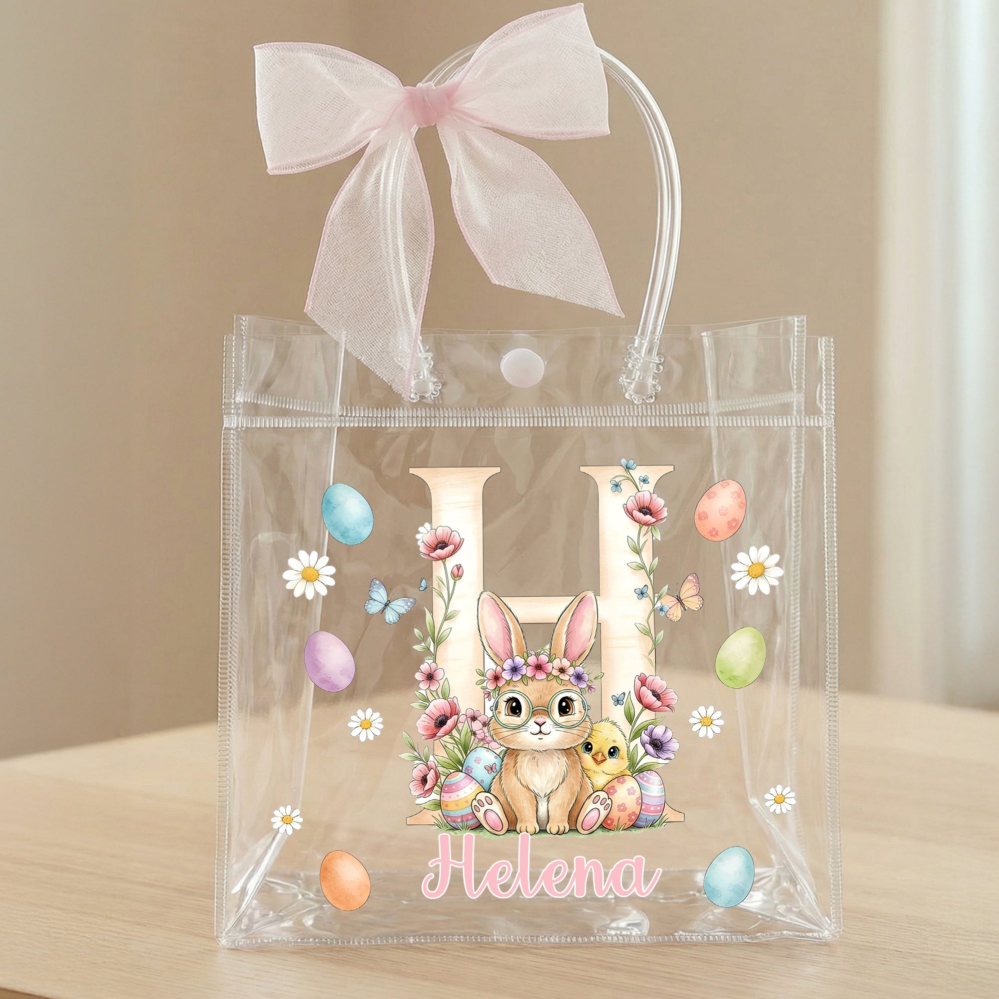 Bolsa transparente personalizada con nombre e inicial diseño de Pascua con lazo rosa conejo y pollitos regalo de fiesta para niños