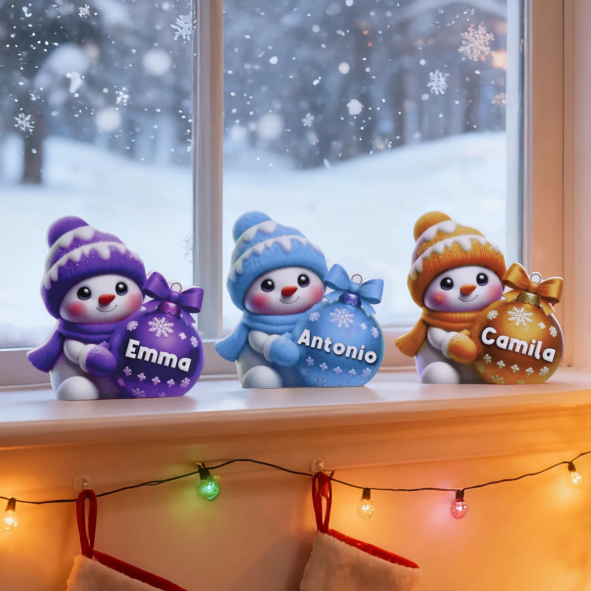 Adorno navideño personalizado plano muñeco de nieve multicolor con nombre y bola de Navidad regalo para familia y amigos