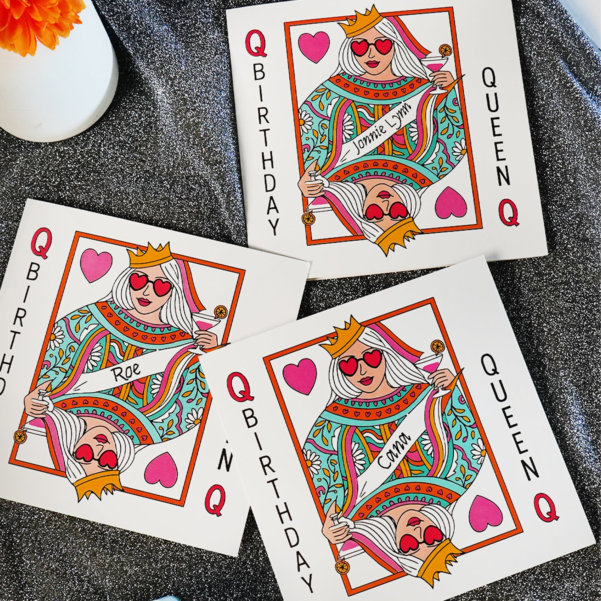 Personalizada Poker Reina del Corazón Rojo Tarjeta de felicitación con nombre Regalo de cumpleaños para las mujeres amigas